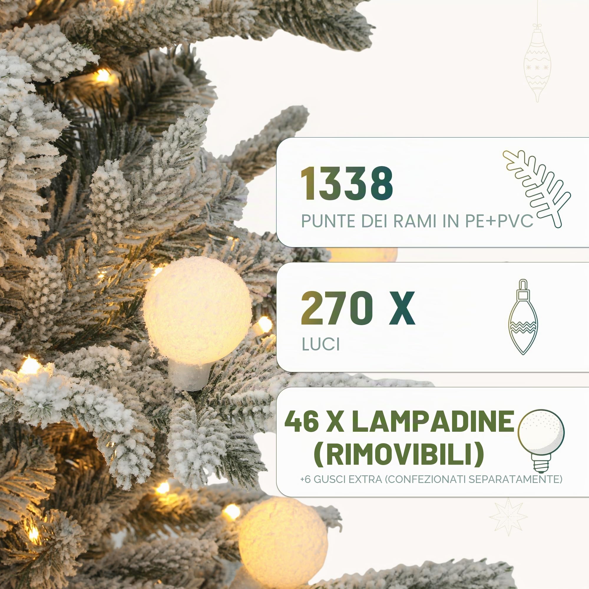 YITAHOME Albero di Natale artificiale da 180 cm con telecomando, albero innevato con tecnologia a cerniera, 1338 punte di rami, 270 luci bianco caldo e multicolori con paralumi rimovibili, 11 modalità