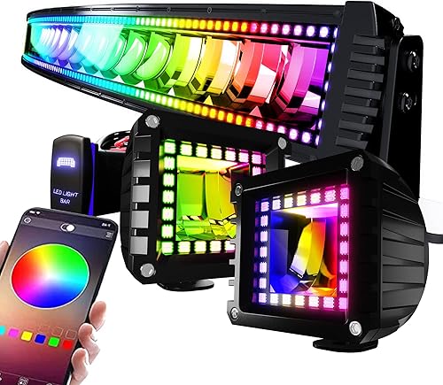 Barra de luz LED RGB curvada de 42 pulgadas, 2 x 4 módulos LED de inundación con halo RGB de persecución, 16 colores sólidos, luces antiniebla de