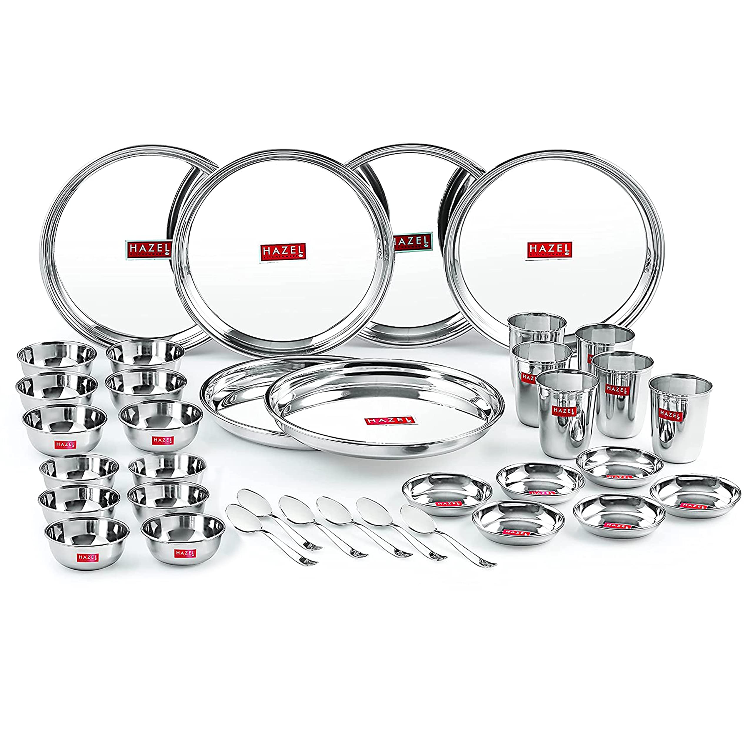 HAZEL Stainless Steel Dinner Set of 36 | Dinner Set Steel (6 Plate, 6 Glass, 12 Serving Bowl, 6 Dessert Plate, 6 Spoon Set) 36 Pieces, Silver