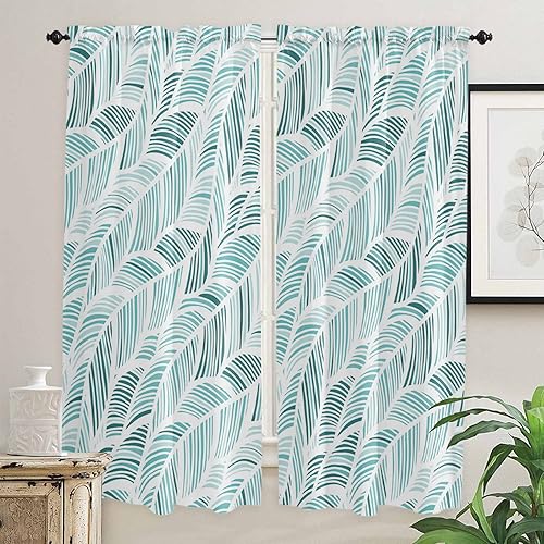 WARM TOUR Kitchen Curtains 2 Panels Rod Pocket Tier Curtain Teal Abstract Leaf Wave Window Valance,Light Filtering Window Treatment Modern Simple