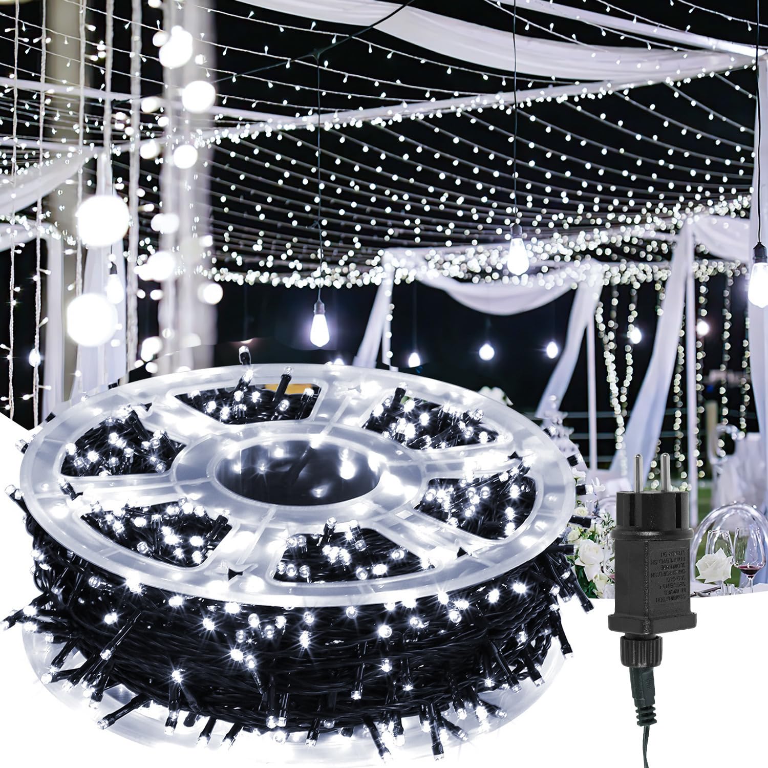 Fiqops LED Lichterkette Außen 200M 1000LEDs 8 Modi, Lichterketten IP44 wasserdicht mit Memory Funktion für Party Hochzeit Garten Balkon Weihnachten, Kaltes Weiß, Dunkelgrüner Draht