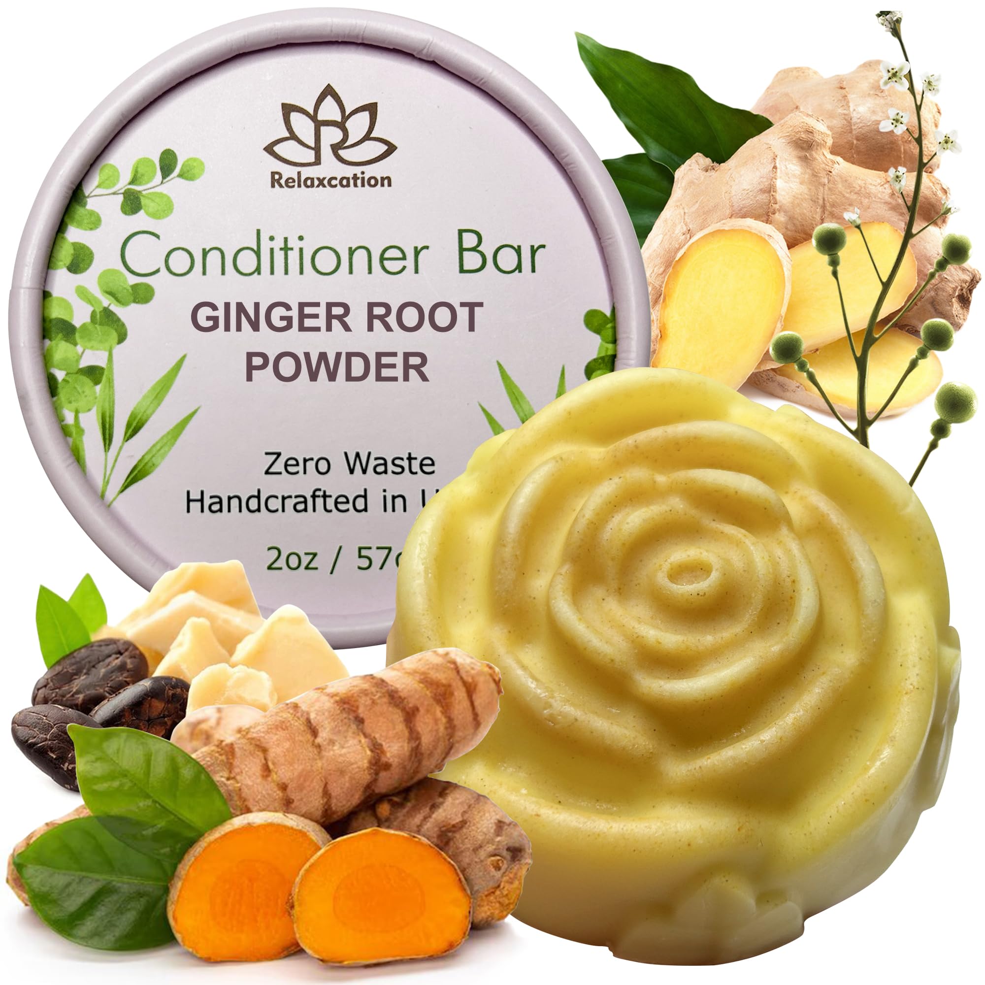 Relaxcation Ginger Root & Camelina Oil Conditioner Bar, Hydrating & Hair Growth, Handmade in USA, All Hair Type, 1 Count[Amazon-developed Certification] Compact by Design