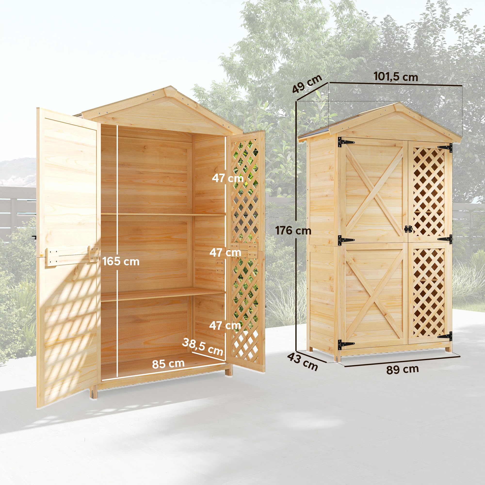Outsunny Armario de Exterior de Madera Caseta Jardín Exterior con Techo de Asfalto 2 Puertas Ventiladas con Pestillo 2 Estantes Extraíbles Cobertizo de Jardín para Almacenaje Herramientas Natural
