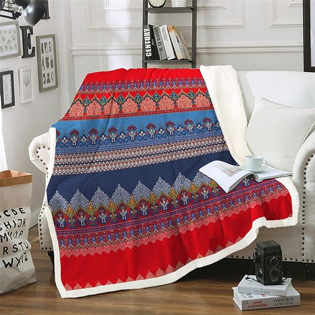 Bohemian Blanket Striped Blue Red Throw Cozy Large Fleece Blanket Thick Warm for Throw Couch Sofa Bed (Double Size 150x200cm)