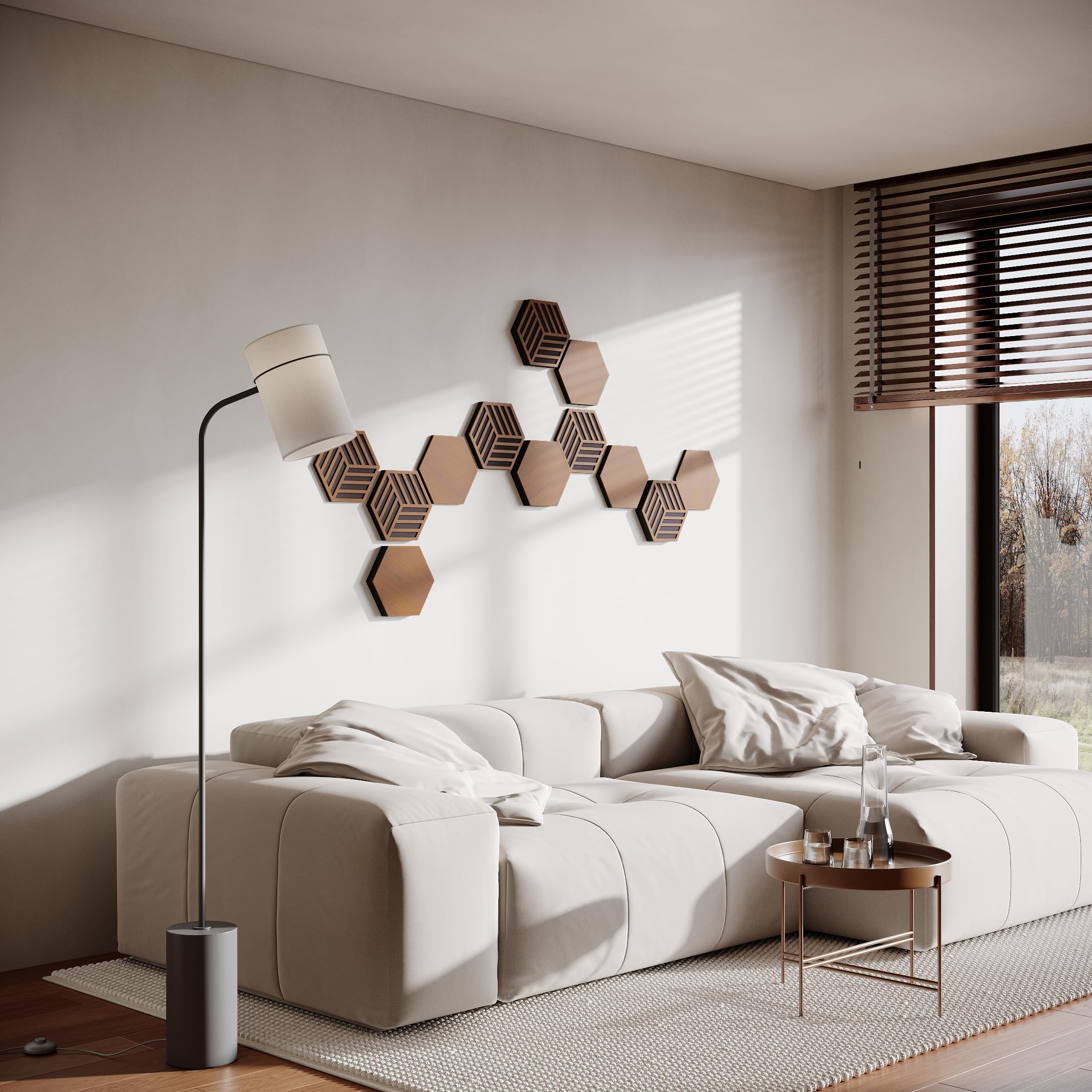 Pack de 12 paneles decorativos acústicos de madera HDF | Mosaico 3D tipo rompecabezas | Para home cinema, paredes de TV y podcasts | Decoración DIY para paredes | [HEXAGON | Cerezo]