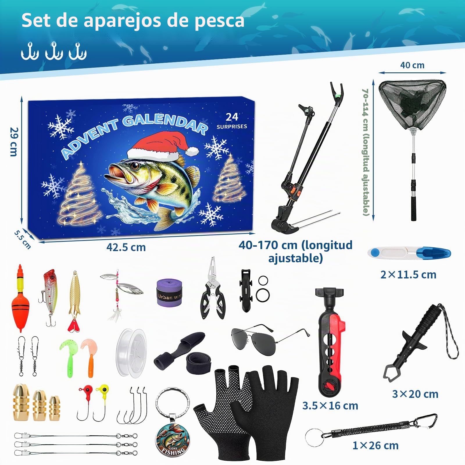 Calendario Adviento Adultos 2025, Calendario Adviento Pesca Hombre, Calendar Advent con 24 Días Señuelos Pesca Rellenar Calcetines Navidad, Regalos Navideños Pescas Amantes Pesca (Azul)