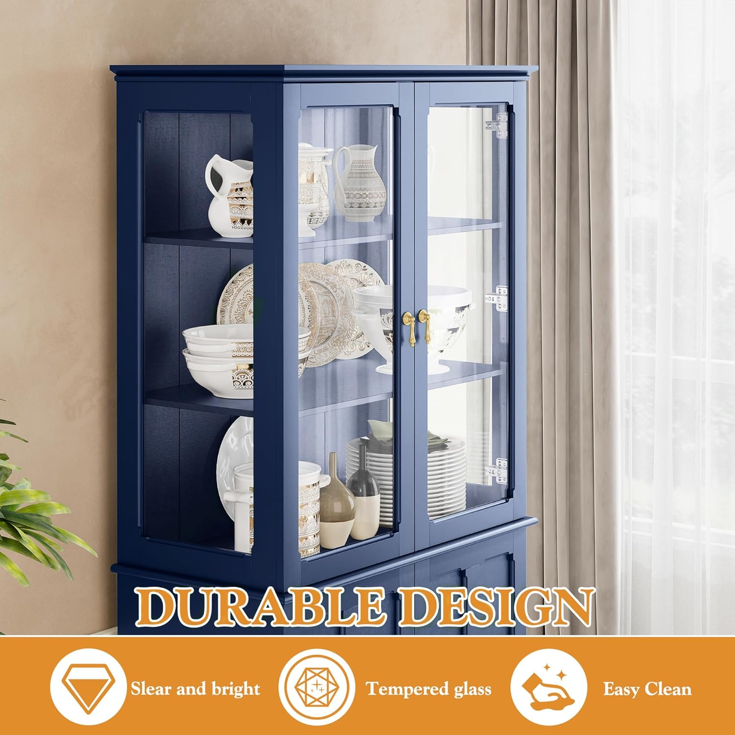 72" Tall Kitchen Pantry Cabinet with Glass Door and Adjustable Shelves, Vintage Food Storage Cabinet for Kitchen, Dining Room, Living Room, Dark Blue