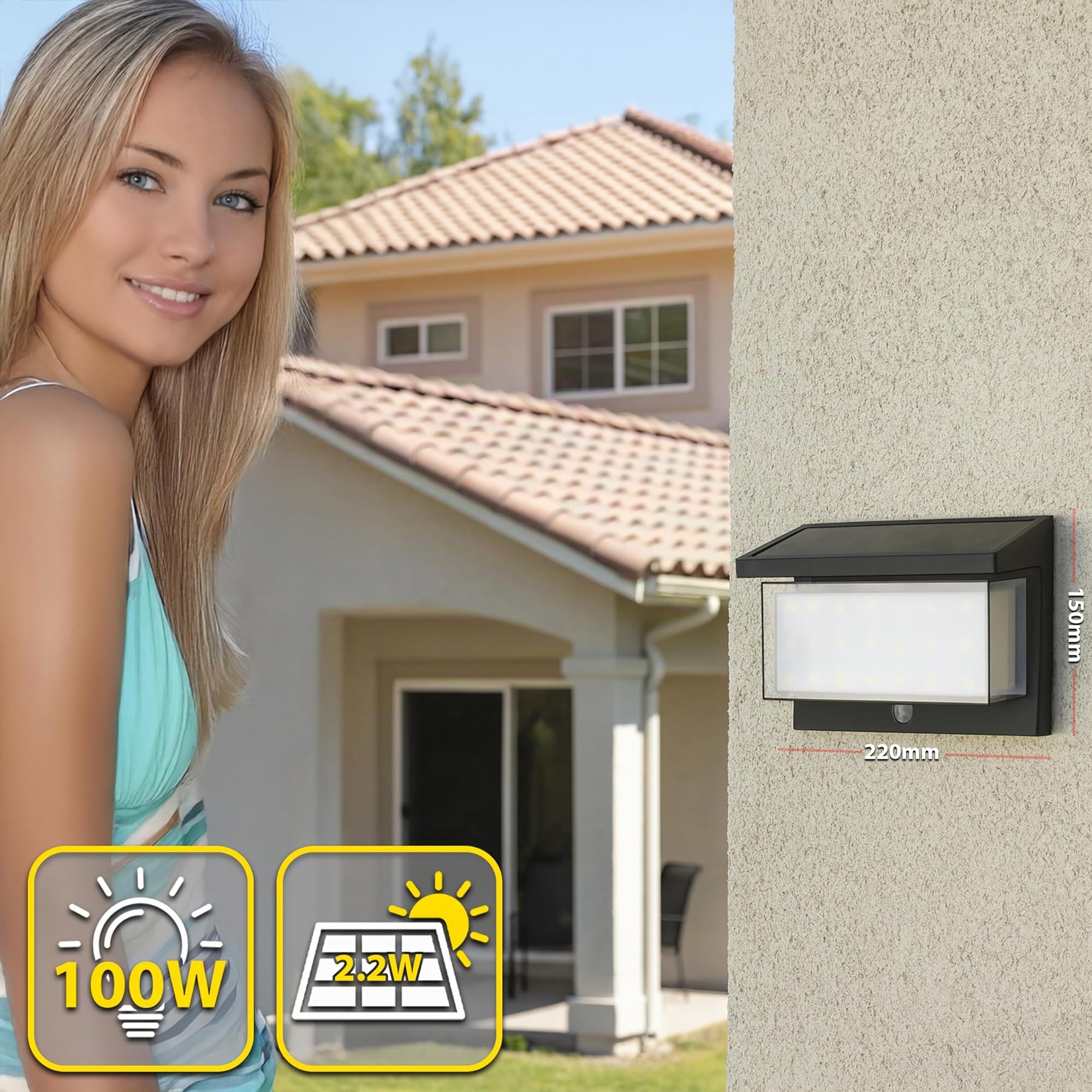 MAKA Applique Solare da Esterno 1000 Lumen (Equivalente 100W), Doppia Luce 3000K Calda e 6500K Fredda, Sensore PIR 6m e Crepuscolare, Batteria 3600mAh con Pannello Solare 2,2W, IP65, 8 Modalità (Nero)