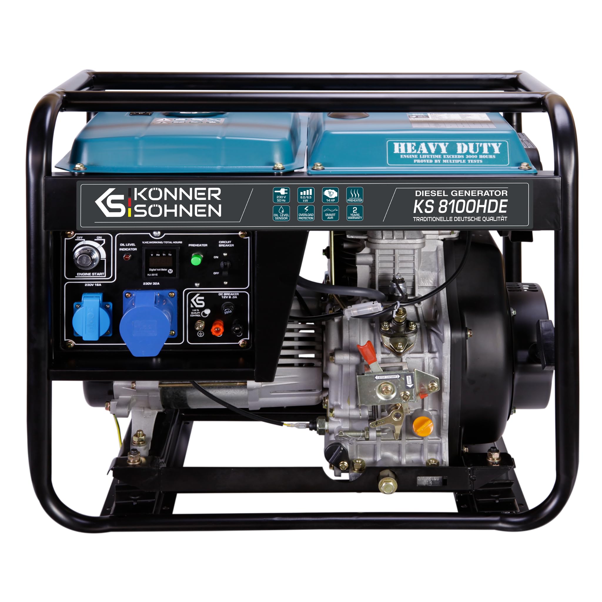 Könner & Söhnen KS 8100HDE Groupe électrogène avec horloge diesel 14 CV 4 temps avec démarreur électronique, régulateur de tension automatique 230 V, préchauffeur, affichage LED, 1 x 16 A, 1 x 32 A