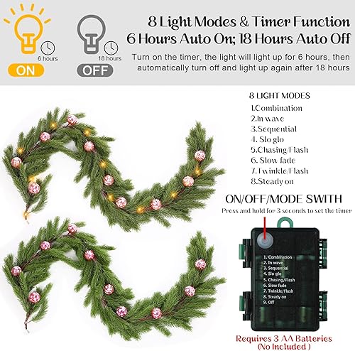 Miniatura 4 de Ceenna 2 guirnaldas de cedro de Navidad preiluminadas de 12.4 pies con 20 luces LED, guirnalda de pino artificial verde para Navidad con bola, 8