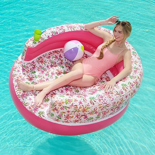 Miniatura 8 de ROXY Flotador de silla de piscina floral blanca  Tumbona inflable de lujo con respaldo y soporte para tazas, duradera y cómoda silla de piscina para