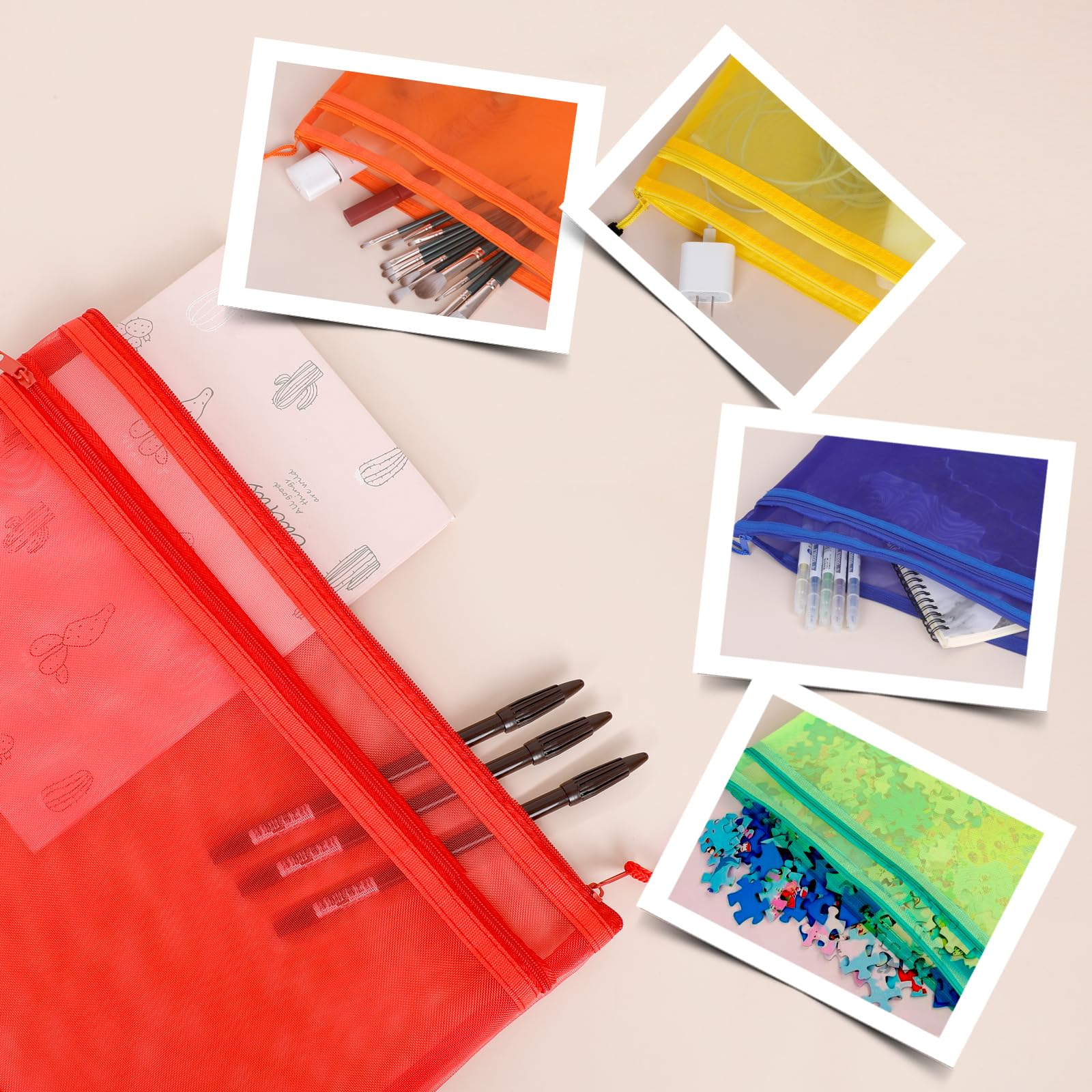 Sacchetti a rete con cerniera in 5 colori, 10 pezzi, formato A4, a doppio strato, in nylon, per riporre e organizzare giocattoli, traspirante, trasparente, con cerniera, con tasca per maniglia, per