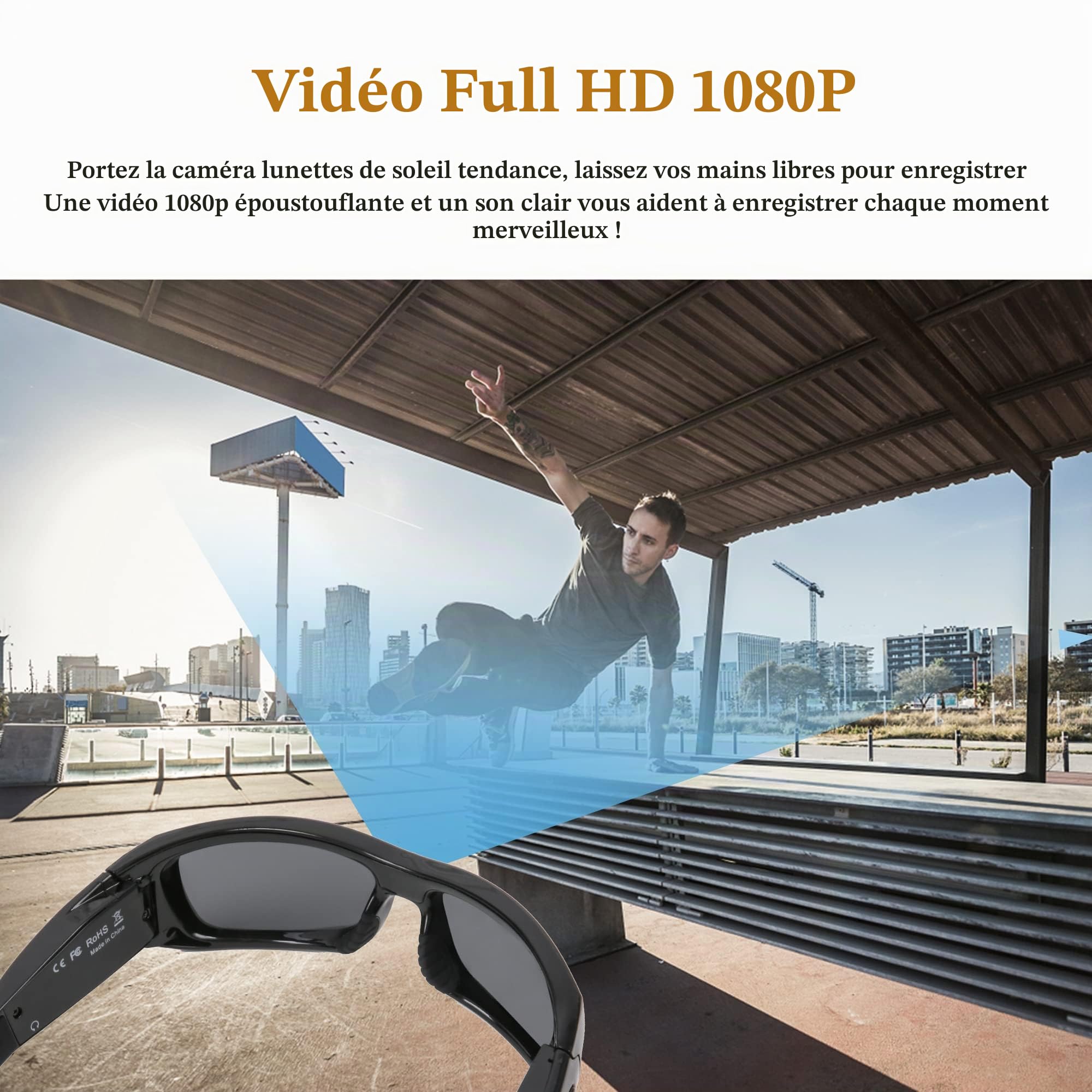 Lunettes de soleil pour appareil photo, Bluetooth, Full HD 1080p, avec protection UV, verres polarisés pour l'extérieur et les voyages (carte TF 32 Go incluse)
