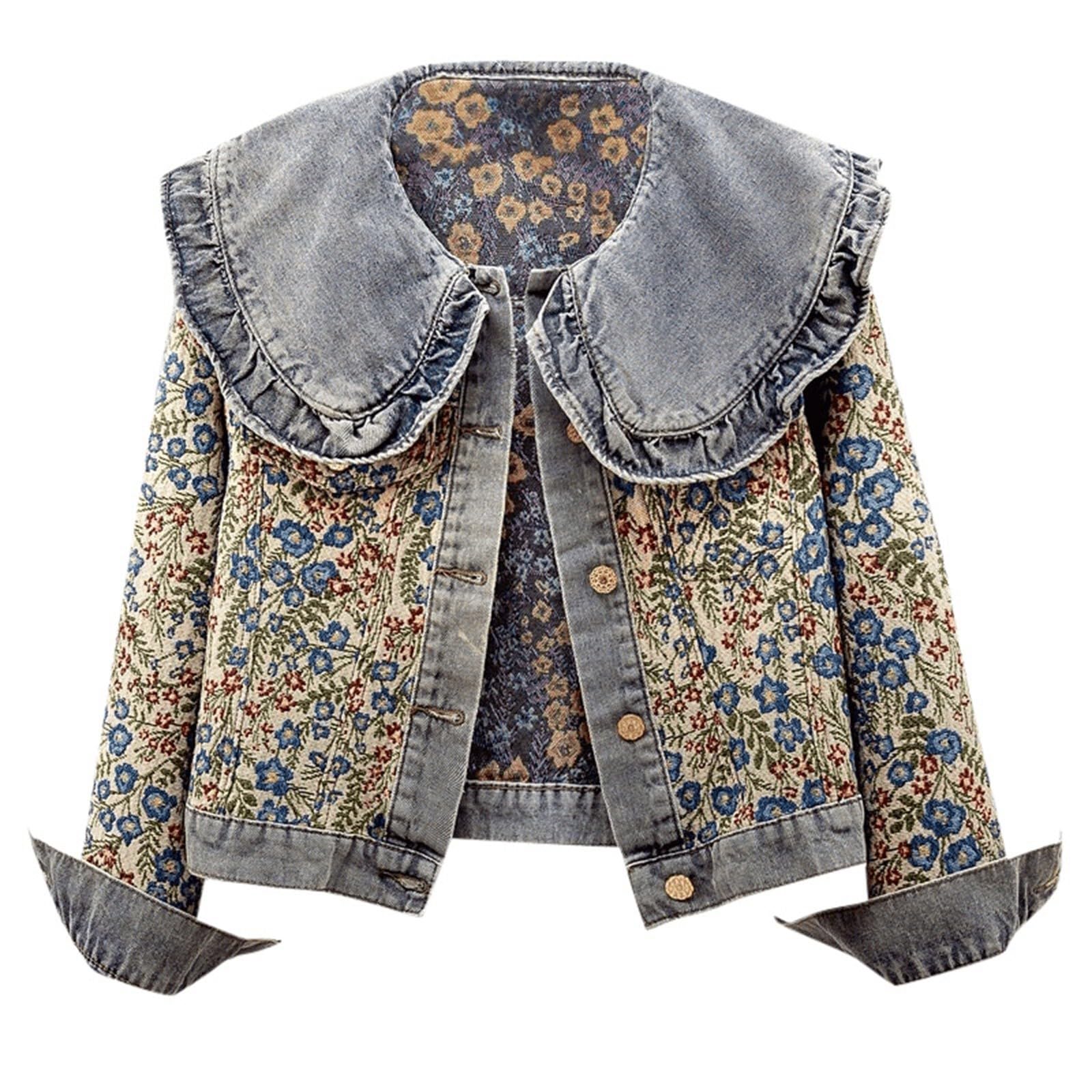 Genérico Cardigan Mujer Fina, Chaqueta De Punto Mujer Invierno, CáRdigan Largo Vaquero Corto con Bordado Floral Y Cuello con Volantes Blusa Informal Rebeca CáRdigan Largo Chaqueta Entretiempo Sweater
