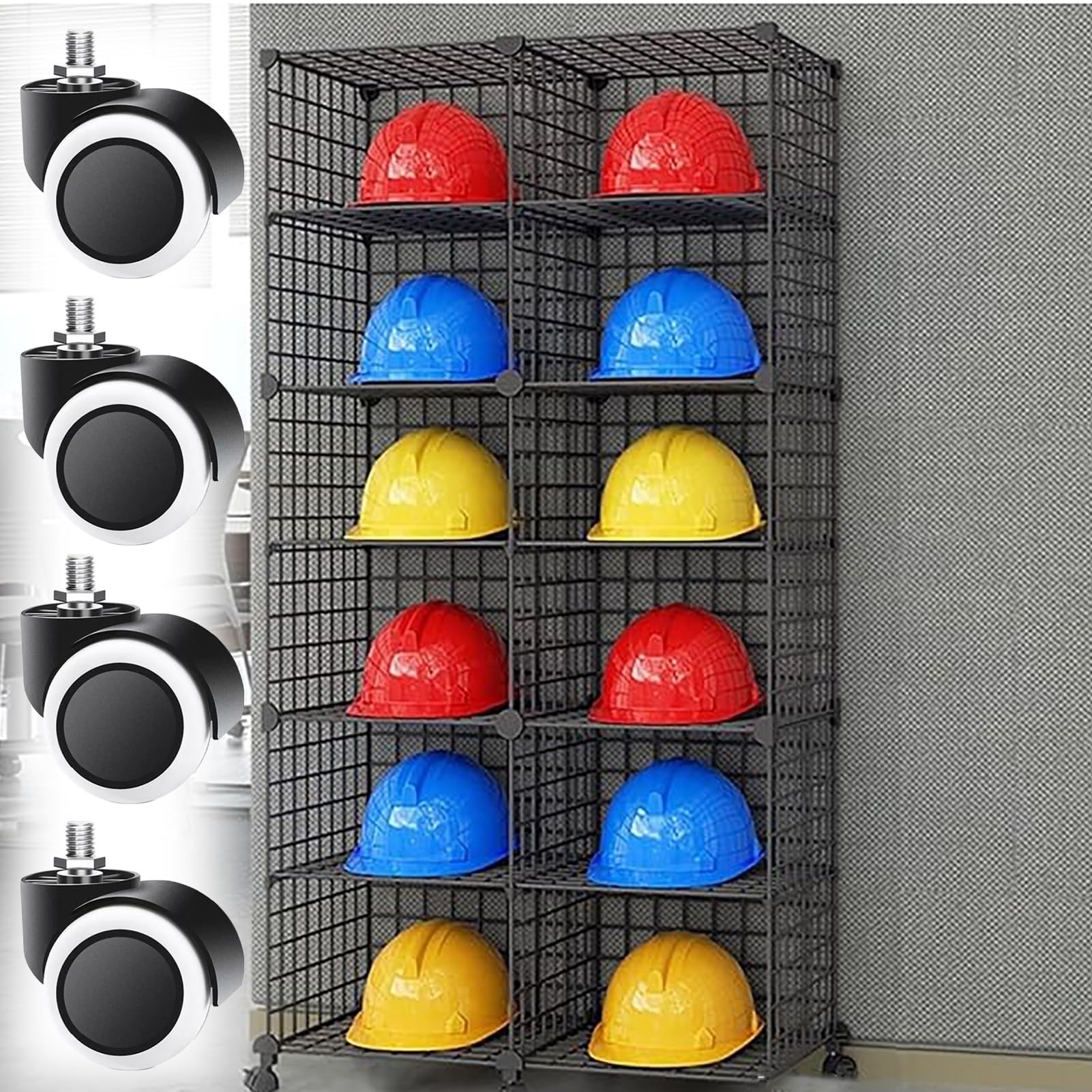 Casco Obra Portacascos Móvil para Motocicleta con 4 Ruedas, Soporte para Colocar Cascos de Seguridad de Oficina de 3, 6, 12, 20 y 32 Pulgadas, Organizador Ajustable para Cascos de Bomberos.(Black,75x3