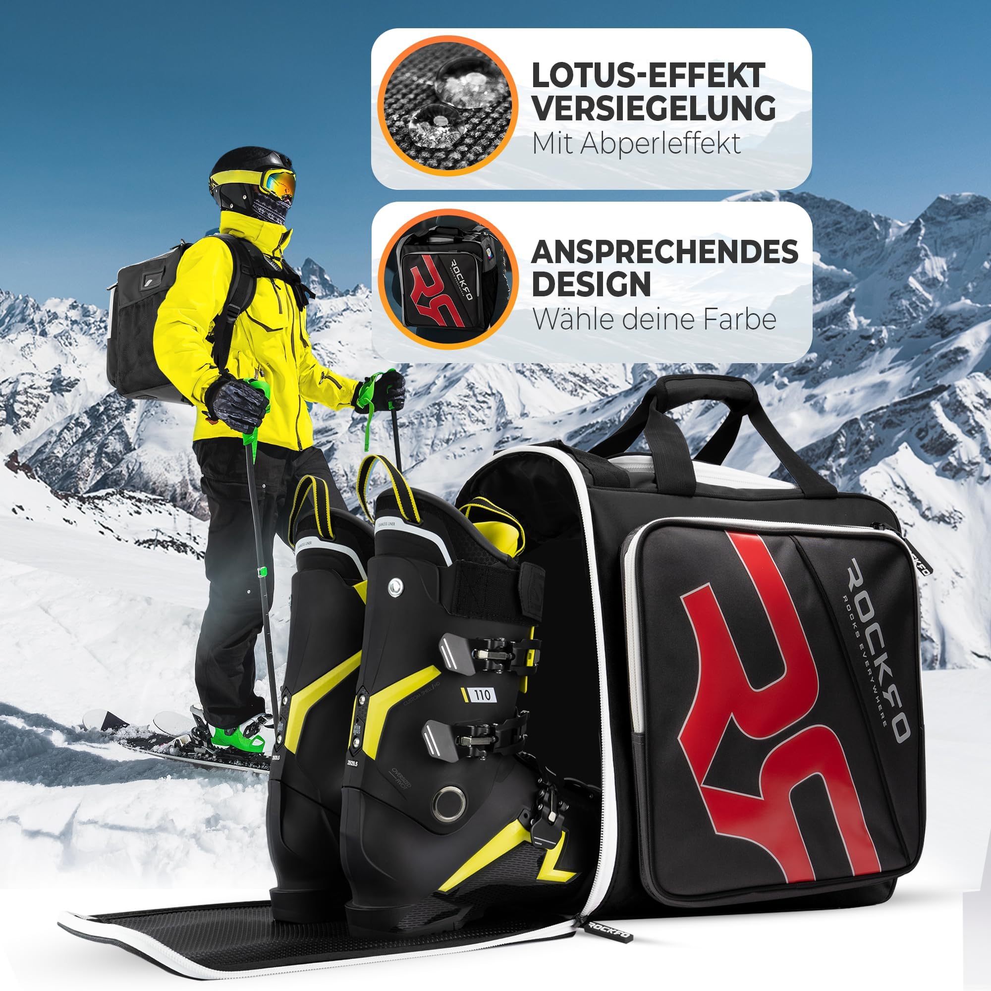 Skischuhtasche mit Helmfach, Robuste Tasche für Skischuhe, Wasserabweisende Skistiefeltasche mit Helmfach, Praktischer 7 Zonen Ski Rucksack für Ski Schuhe Helm Skibrille, 49L