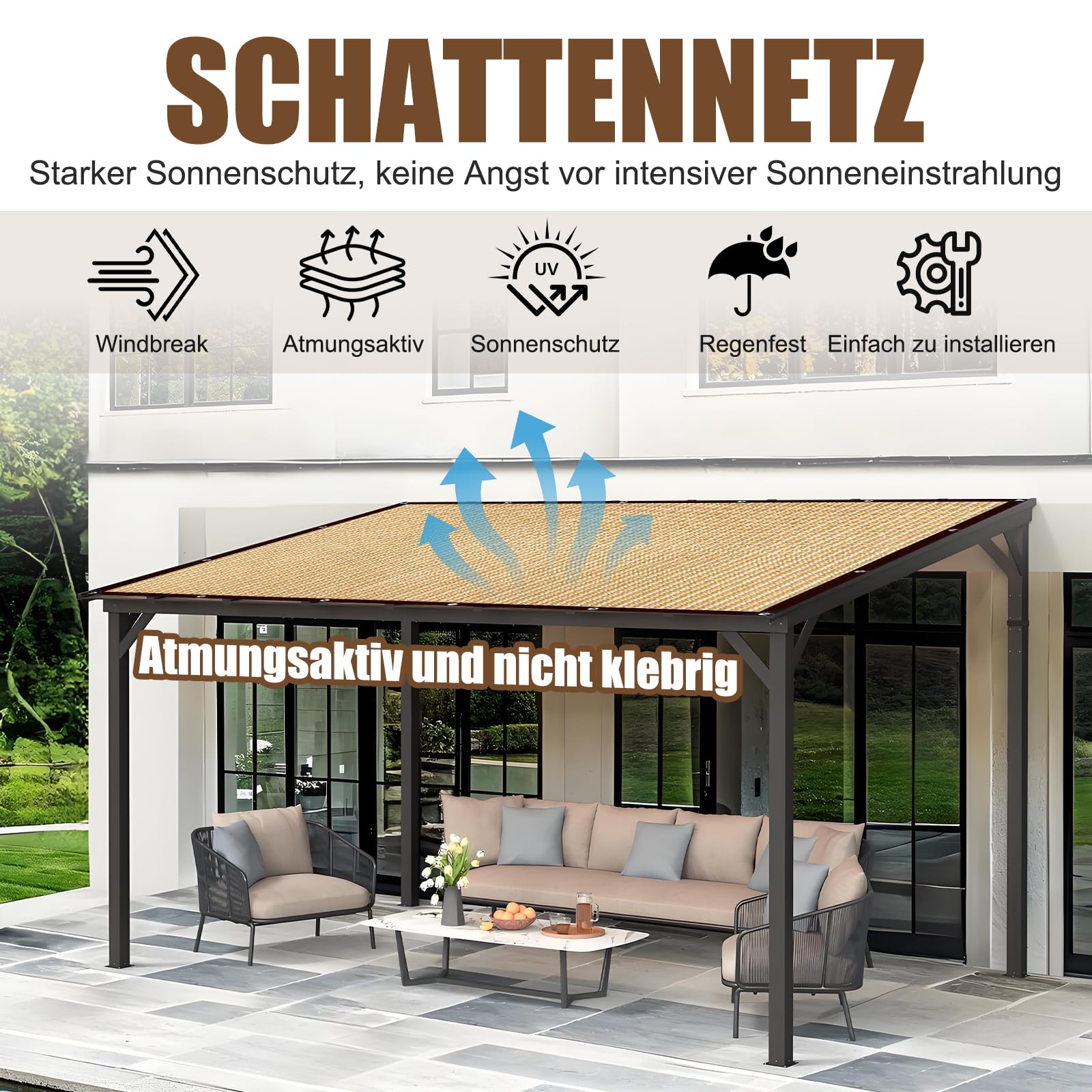 Tenda da sole con occhielli, 85%, rete ombreggiante da giardino, rete rettangolare, protezione solare per esterni, in HDPE resistente agli strappi, permeabile all'acqua (beige, 2 x 3 m)