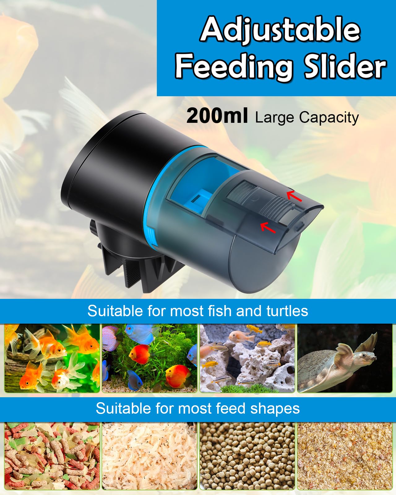 Petbank Mangiatoia Automatica Acquario - Timer Ricaricabile con Cavo di USB Charger, Mangiatoia Pesci con Display LCD, Dispenser Cibo Pesci Automatico, Blu