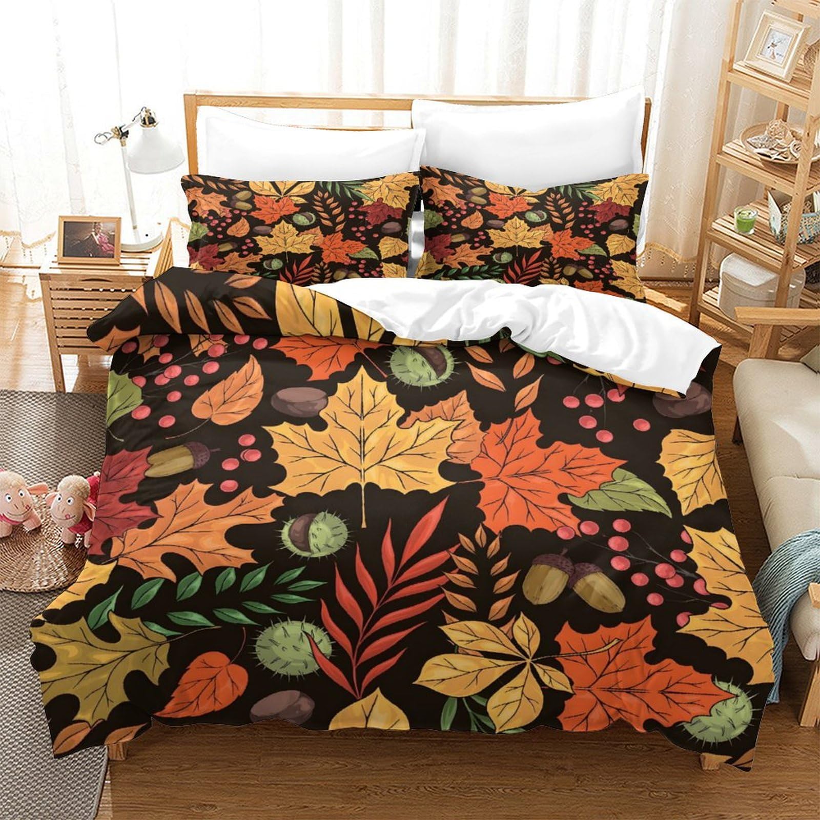 Housse de couette feuilles d'érable d'automne parure de lit 3 pièces Super Roi 260x220