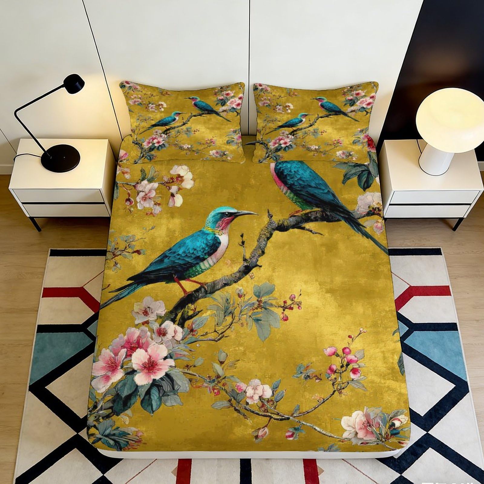 3D Printed Golden Blossom Bird Fitted Sheet Microfiber Soft Decor Branch Floral Mattress Cover for Bedroom Guest Room 90x200x25cm
