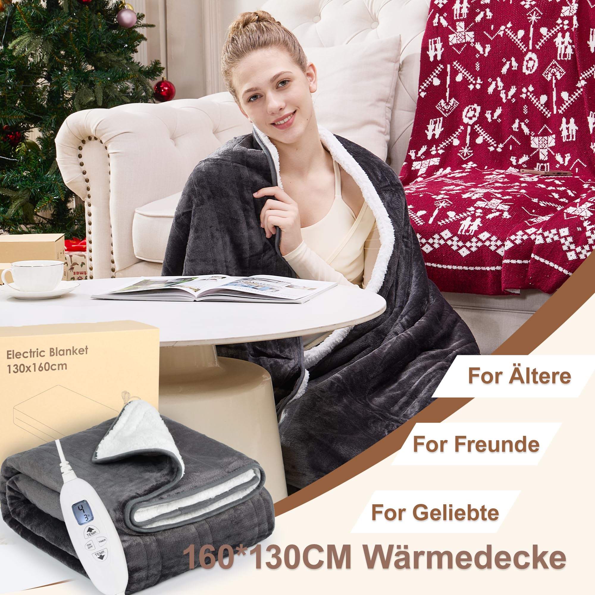 Coperta Elettrica, Coperta Riscaldante 160x130 CM, 4 Impostazioni di Calore e 4 Timer, Lavabile in Lavatrice