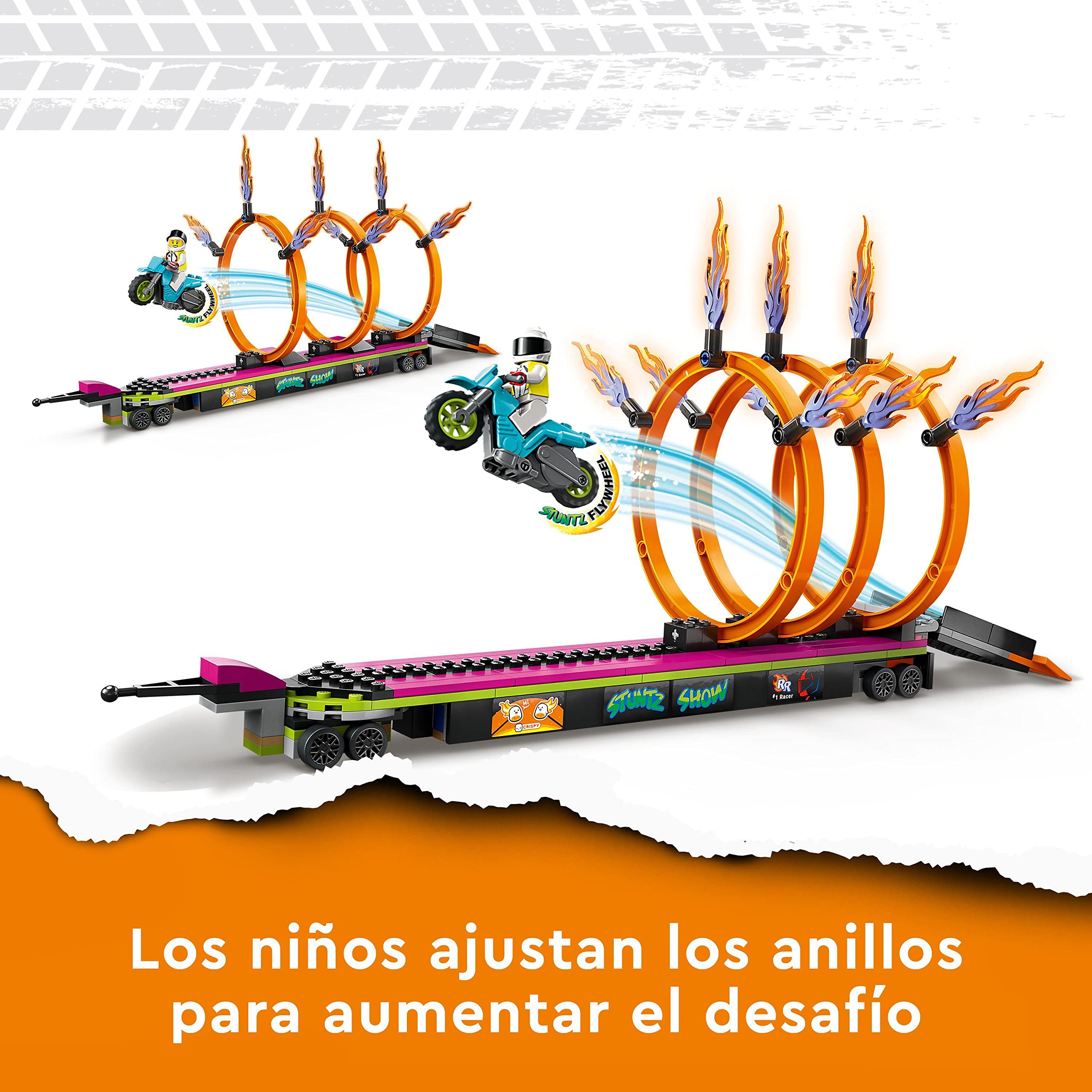 LEGO 60357 City Stuntz Desafío Acrobático: Camión y Anillos de Fuego, Moto de Juguete con Retro Fricción y Mini Figuras, Juegos Divertidos para Niños de 6+ Años
