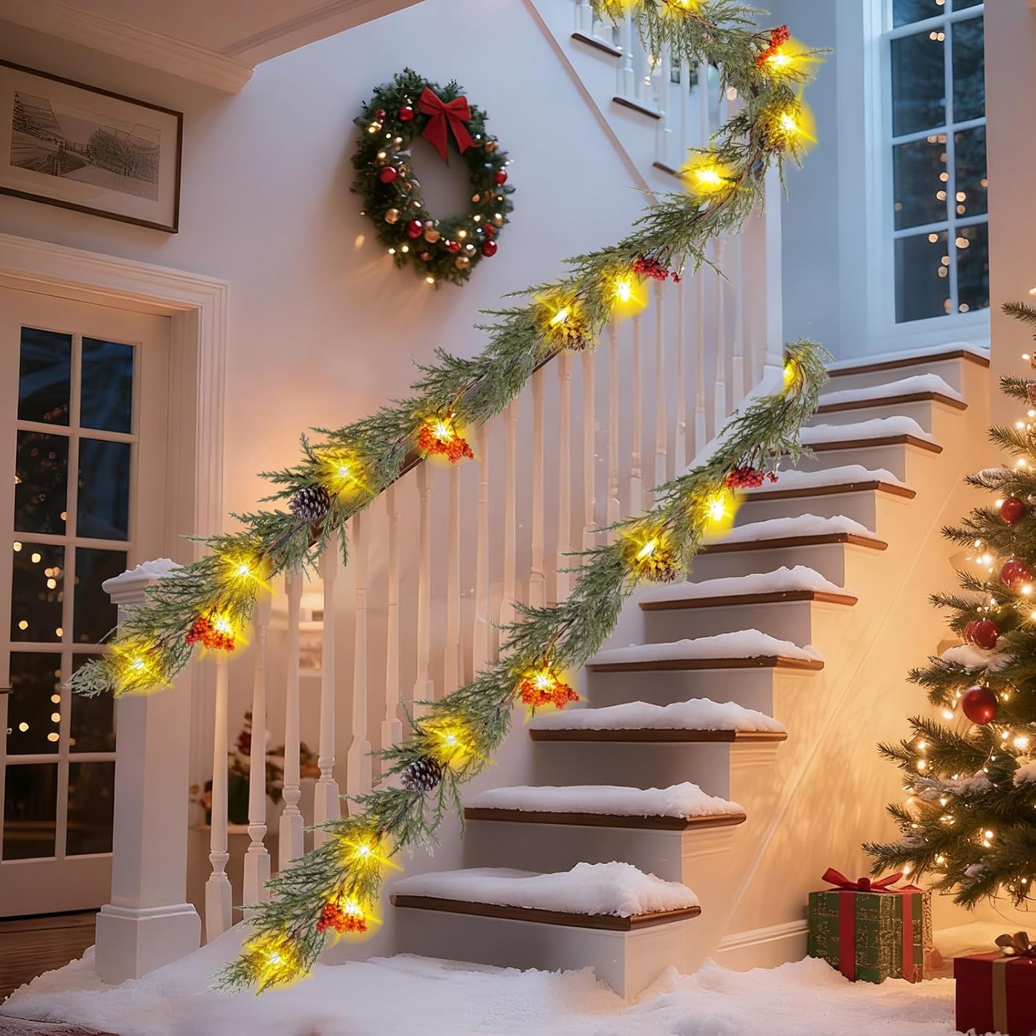 Prelit Christmas Garland with Lights 6FT Christmas Tree Lighted Garland Outdoor Indoor Battery Operated Garland for Mantel Table Porch Stair Wall Winter Home Holiday Christmas Decorations - Image 9