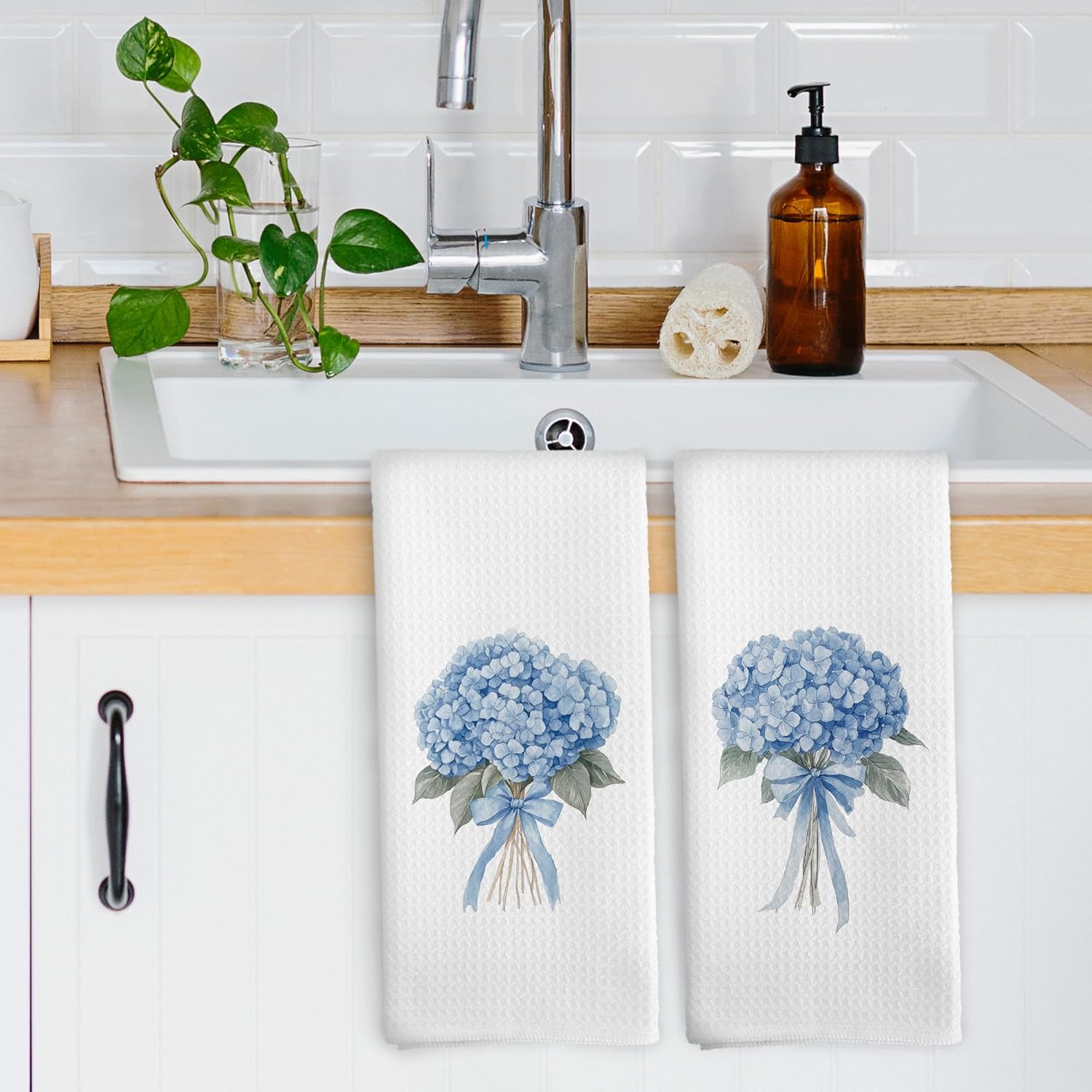 Coquette Bow Hydrangea Kitchen Dish Towels Set of 2, Blue Spring Flower Green Leaves Gifts for Girls Women, Preppy Bouquet Floral Hand Towels Kitchen Bathroom Tea Towels Decorations, 16x24inch - Image 3