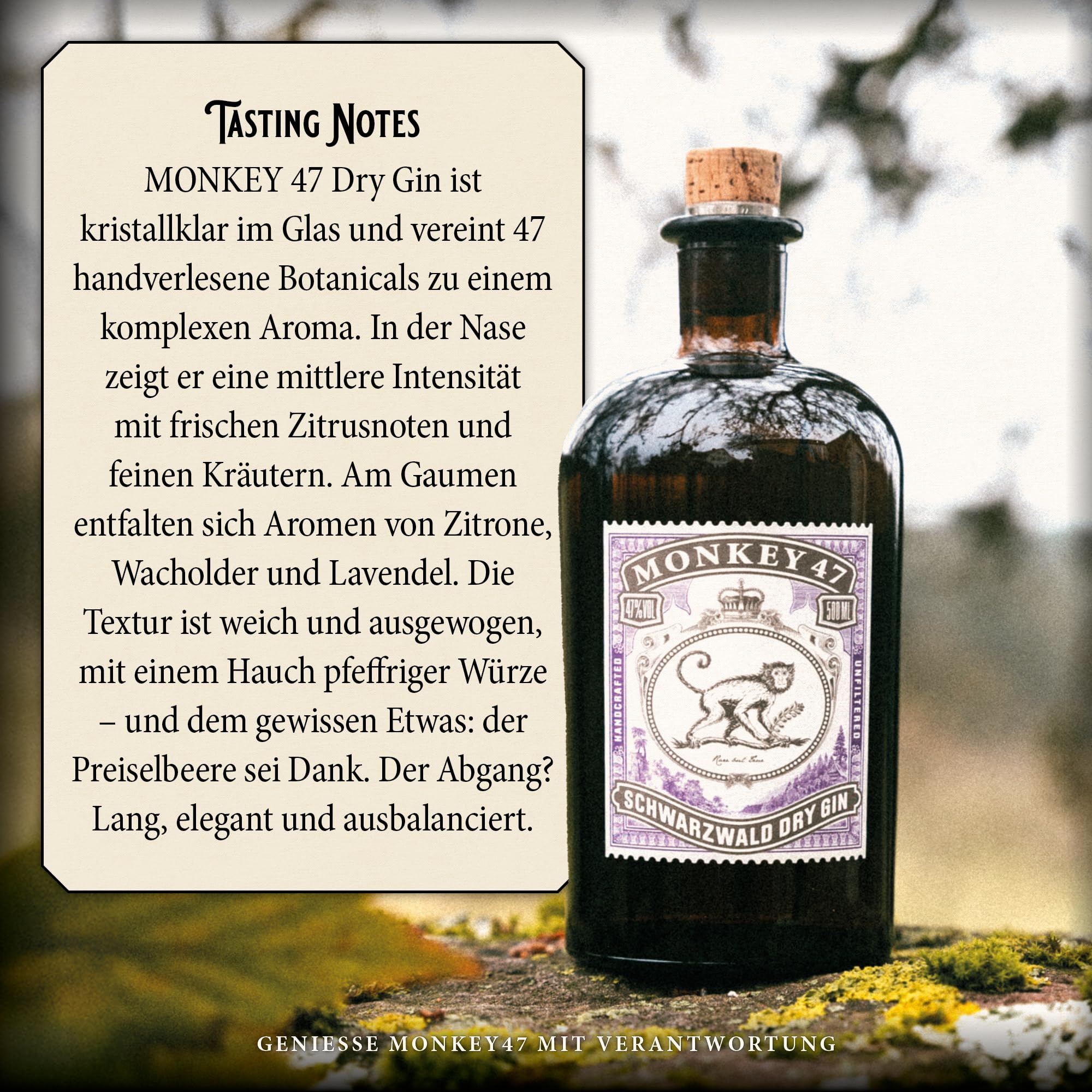 Monkey 47 Schwarzwald Dry Gin 0,5 L Premium Gin mit Wacholderaroma & Zitronennoten