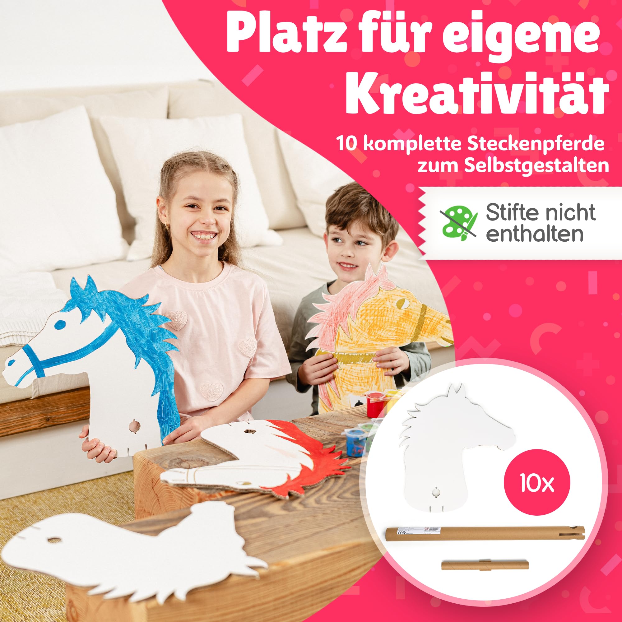 Steckenpferde Set aus Pappe | 10 Stück zum Bemalen und Spielen | Pferde Bastelset zum Zusammenstecken | Hobby Horsing für Kinder Party und Geburtstage | Ohne Kleben | Zubehör Kindergeburtstag