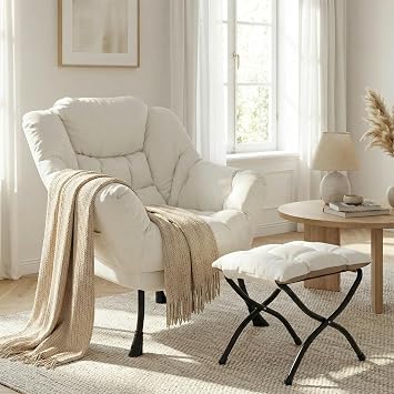 TLSUNNY Lazy Chair with Foldable Ottoman, Modern Comfy Lounge Chair, Large Sofa Armchair with Footrest and a Side Pocket, Reading Chair with Footstool for Bedroom, Living Room, Dorm Beige