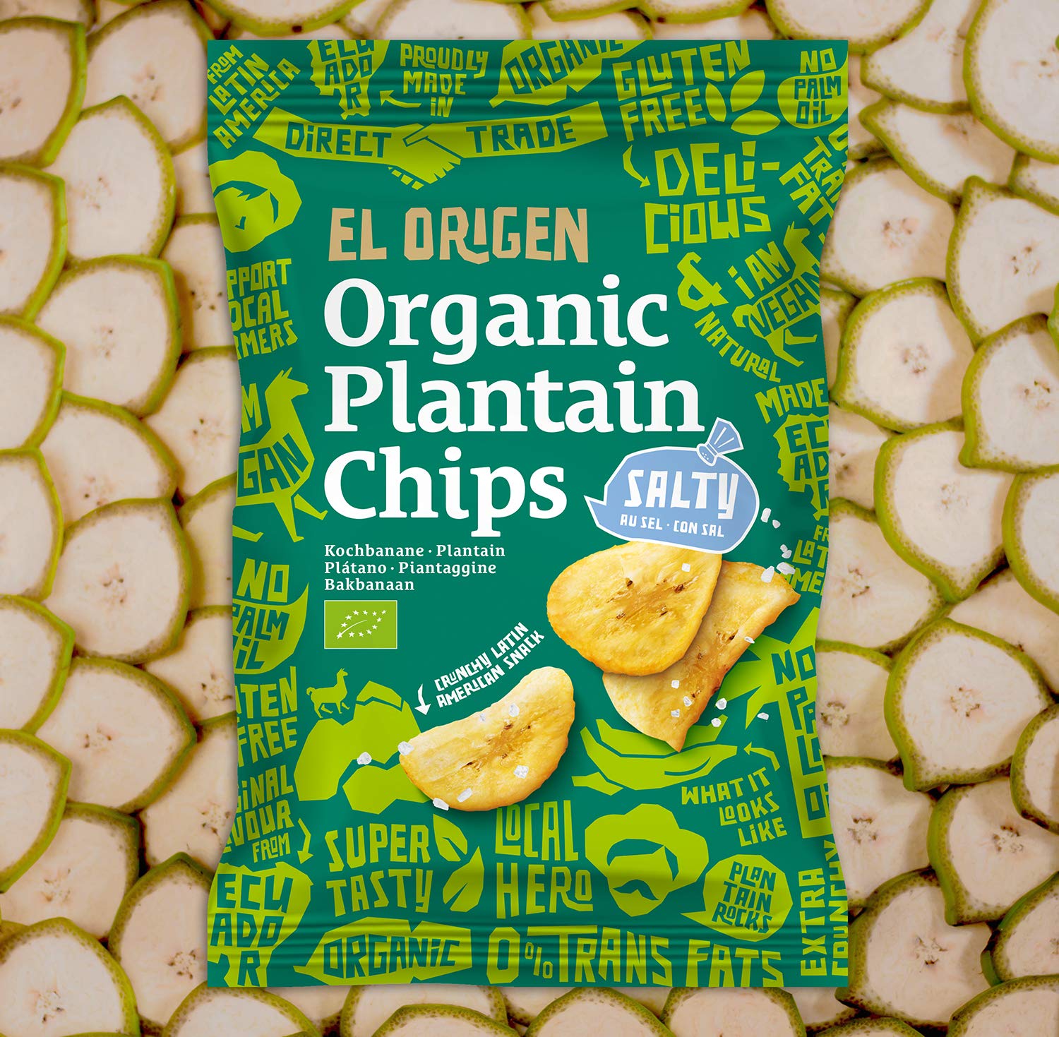 el origen chips de plátano orgánico con sal marina, 8 x 80g