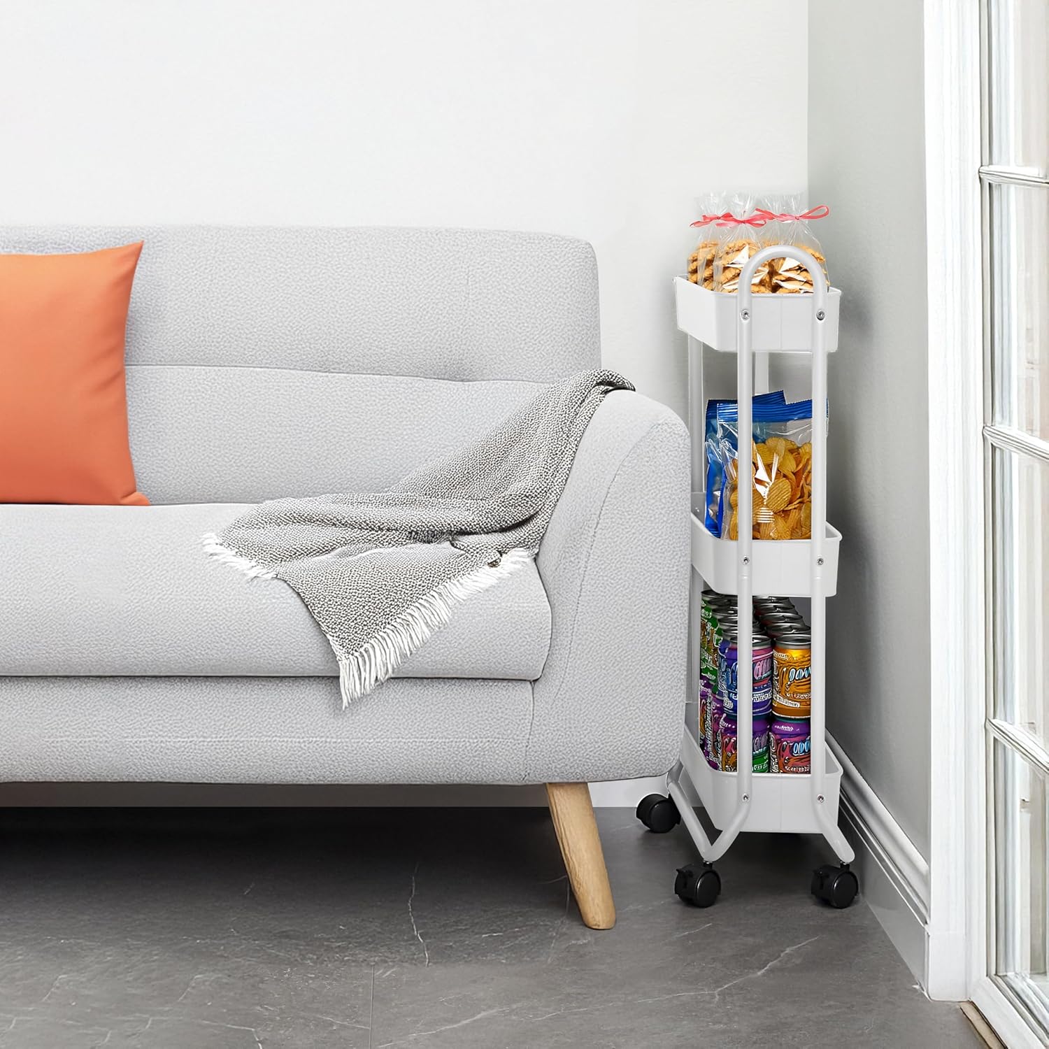 SunnyPoint Slim Rolling Storage Cart, 3 Tier Bathroom Storage Organizer Bathroom, Laundry Utility Cart (White)