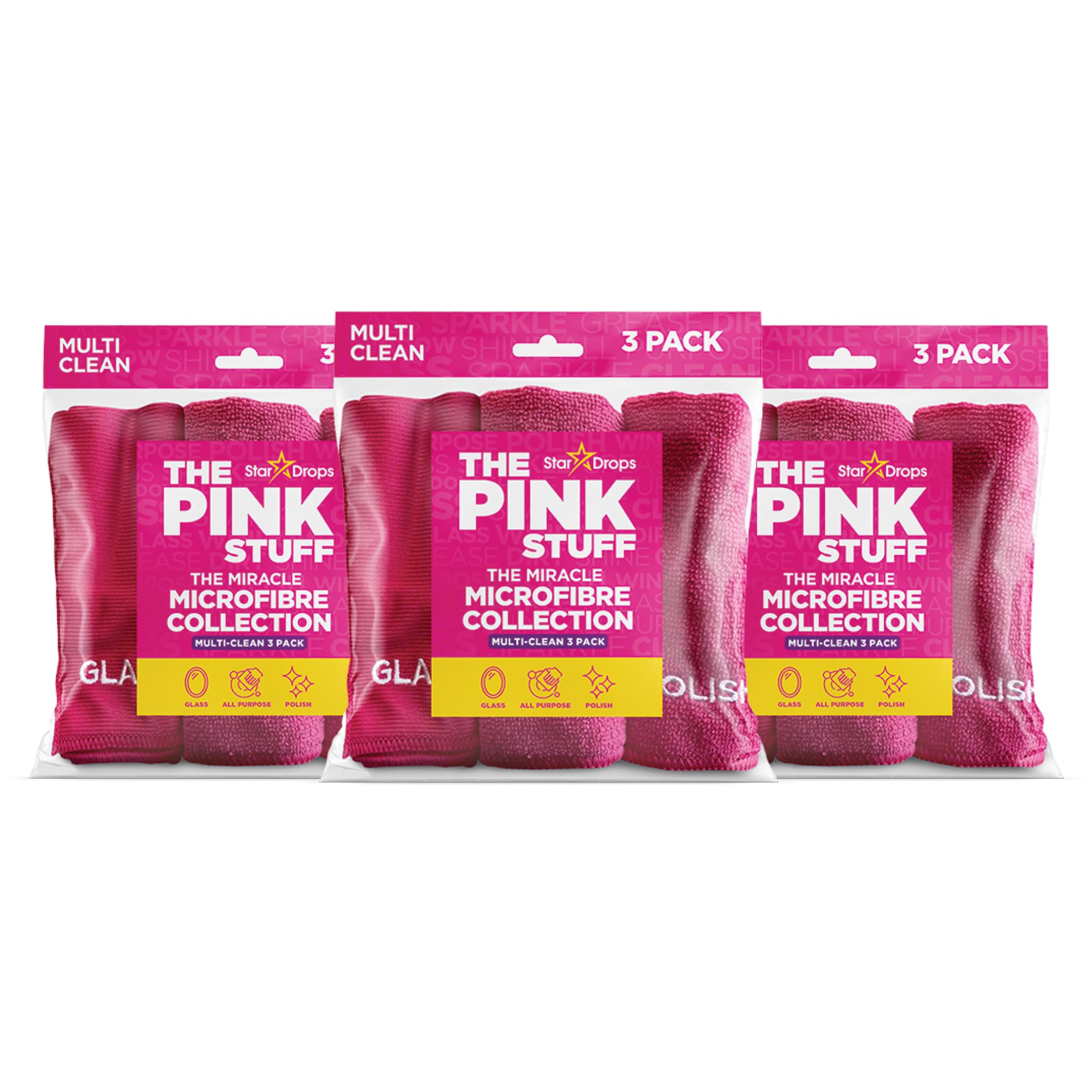 Stardrops The Pink Stuff Miracle Microfibre Cloth Collection – All-Purpose, Glass, and Polish Cleaning Cloths for a Streak-Free Shine (9-Pack)
