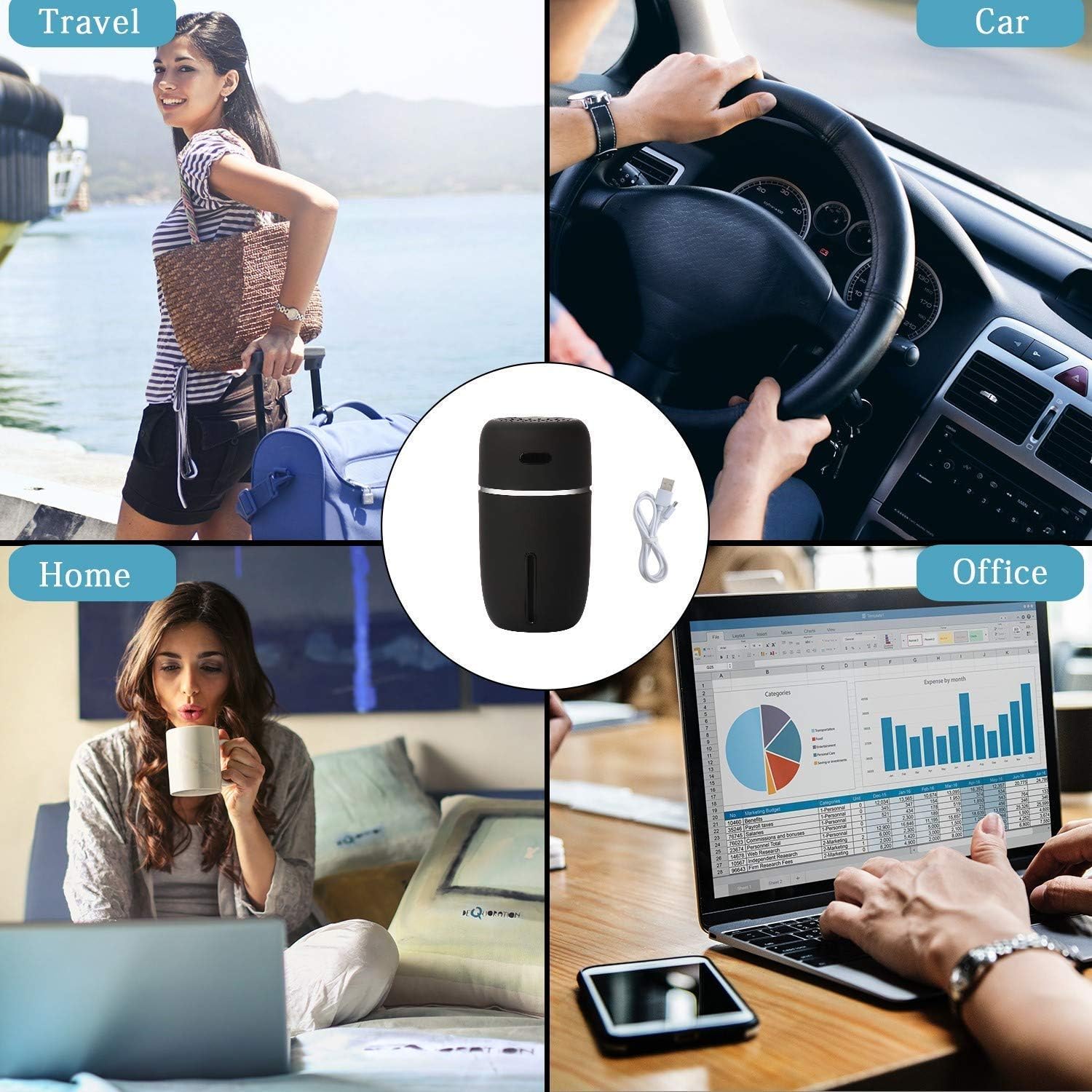 Mini USB Humidifier with 7 Colors LED, Portable Cool Mist Small Humidifier for Home Baby Travel Office Car and Kids Bedroom with Quiet Operation, Auto Shut-Off, Adjustable Mist Modes, 200ml (Black)