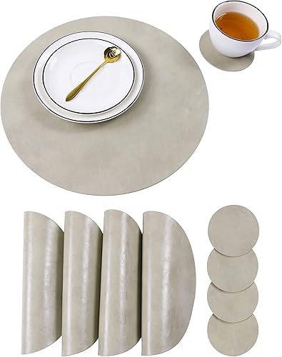 Miniatura 21 de Jovono - Juego de manteles individuales y portavasos redondos: 4 manteles y 4 portavasos de piel sintética de doble costura; diámetro de mantel de D