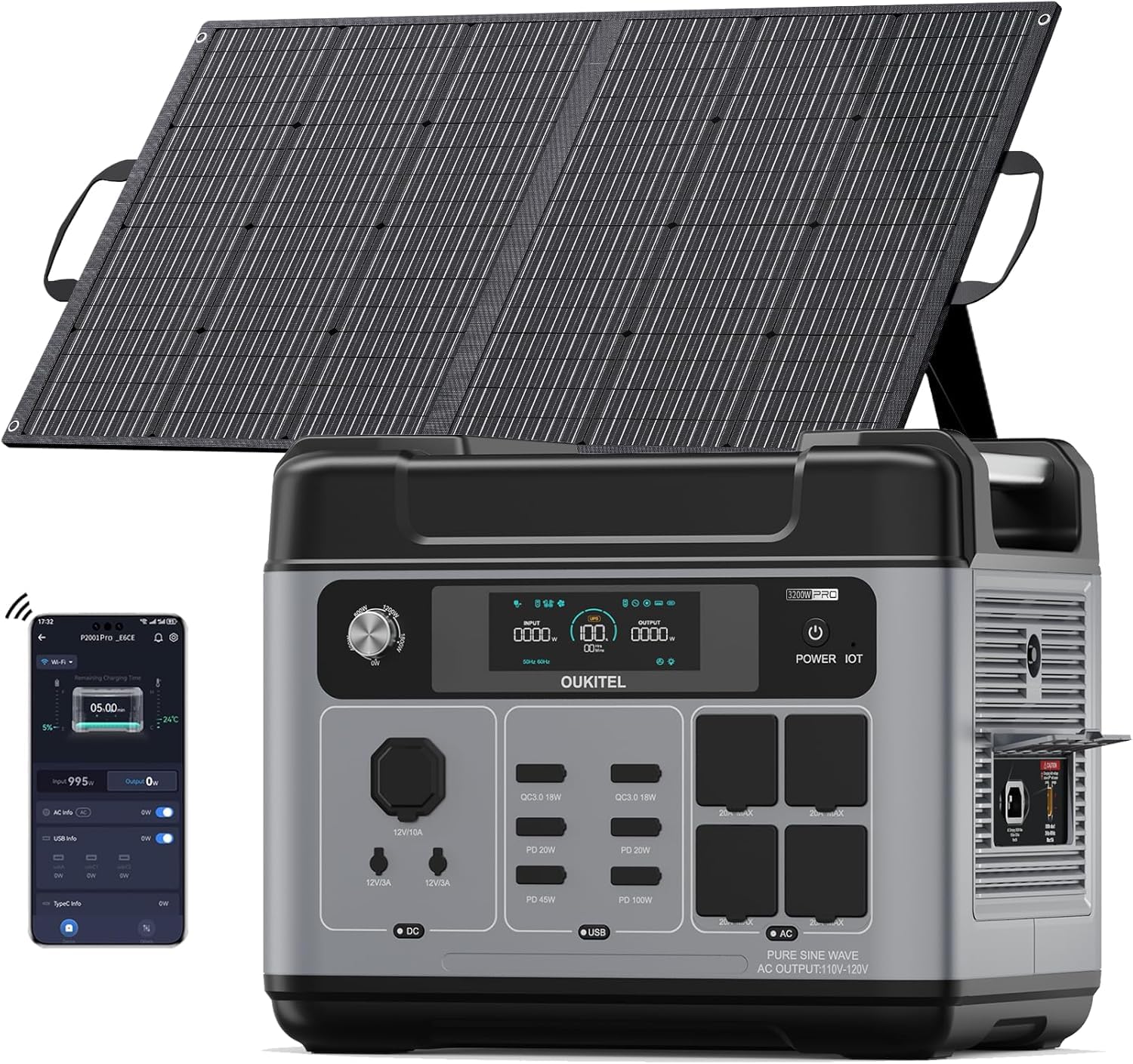 OUKITEL P2001E Pro 3200W Estación de Energía Portátil 2048Wh | Generador Solar con Panel Solar de 100W| Batería LiFePO4, 4 Tomas de CA, Carga Rápida 1,2h, para caravana, camping y hogar