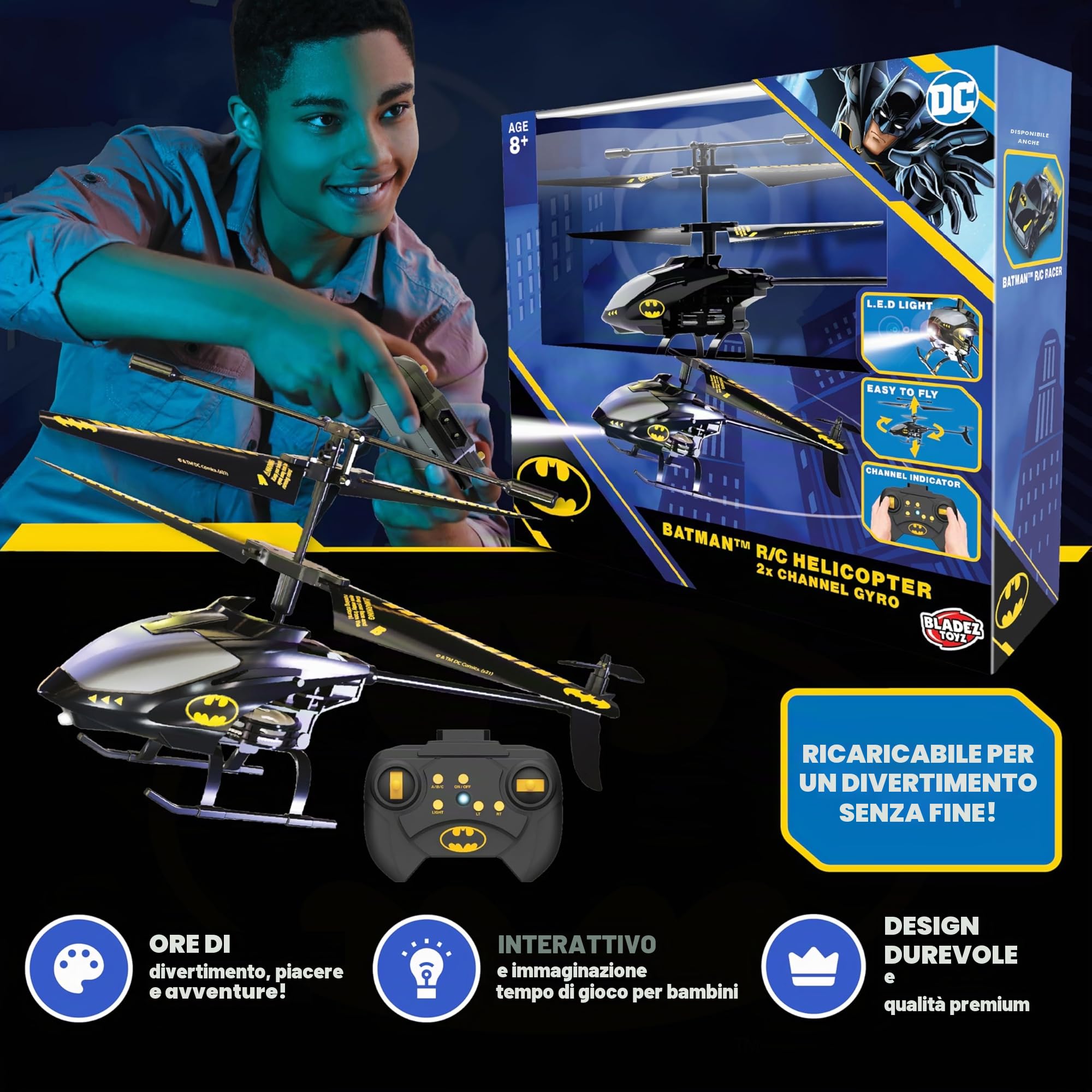 BLADEZ Elicottero Batman R/C 2 canali Gyro Batman, DC Comics, RC 2 canali con controllo giroscopico, facile da volare con luci, anti-collisione, giocattolo con licenza per bambini, Toyz