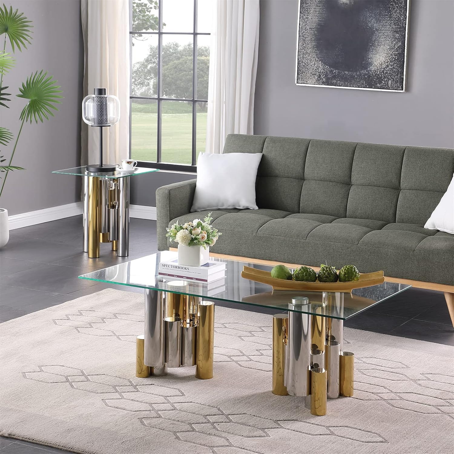 48" Rectangular Glass Coffee Table with Geometric Stainless Steel Base, Modern | Contemporary Golden Living Room Coffee Table Cocktail Tea Table Center Table for Living Room