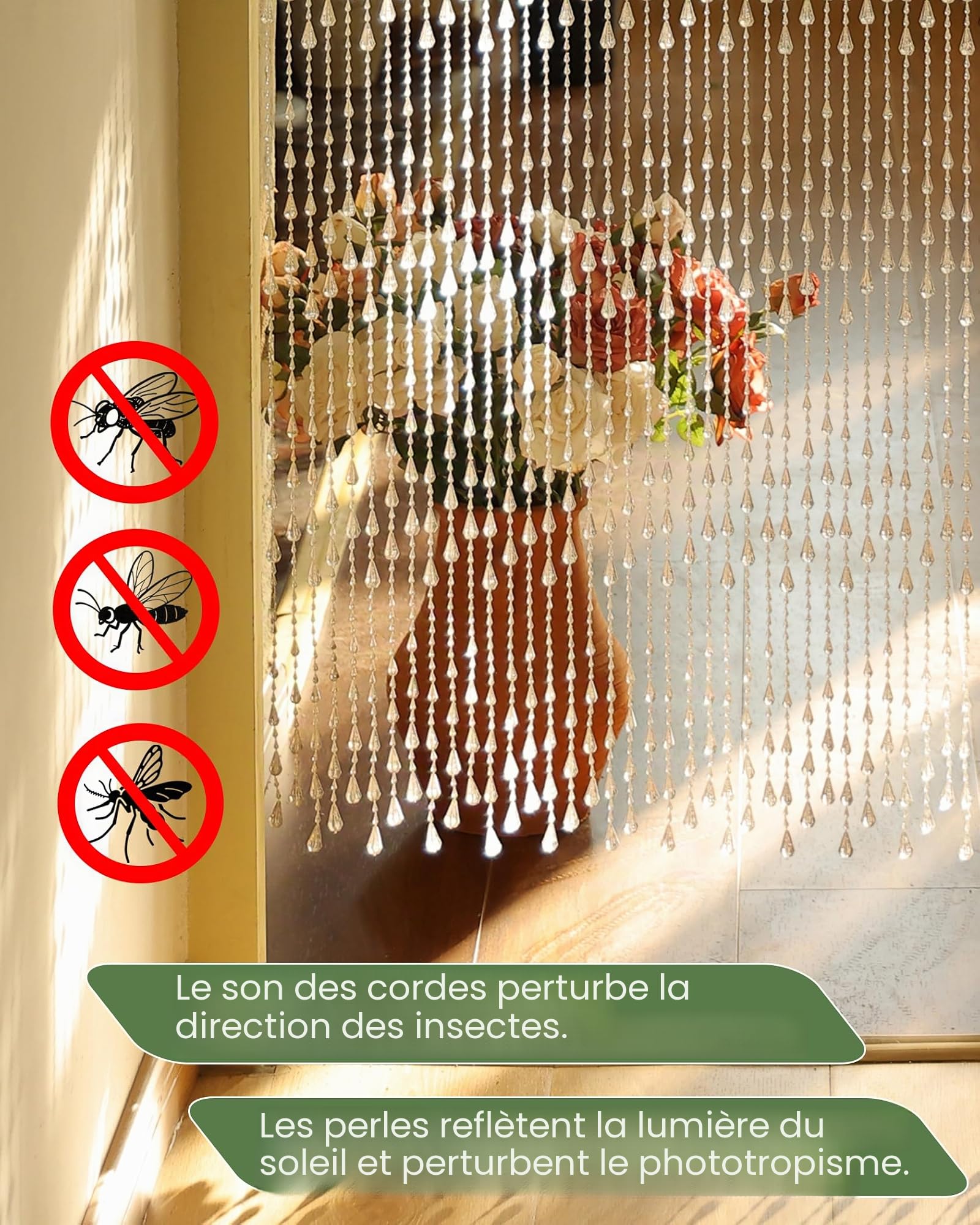 90 x 200 cm Rideau à Perles Transparent, 60 brins avec Perles en Plastique - Idéal comme moustiquaire et décoration pour Porte de Balcon, Chambre(Style Marées)