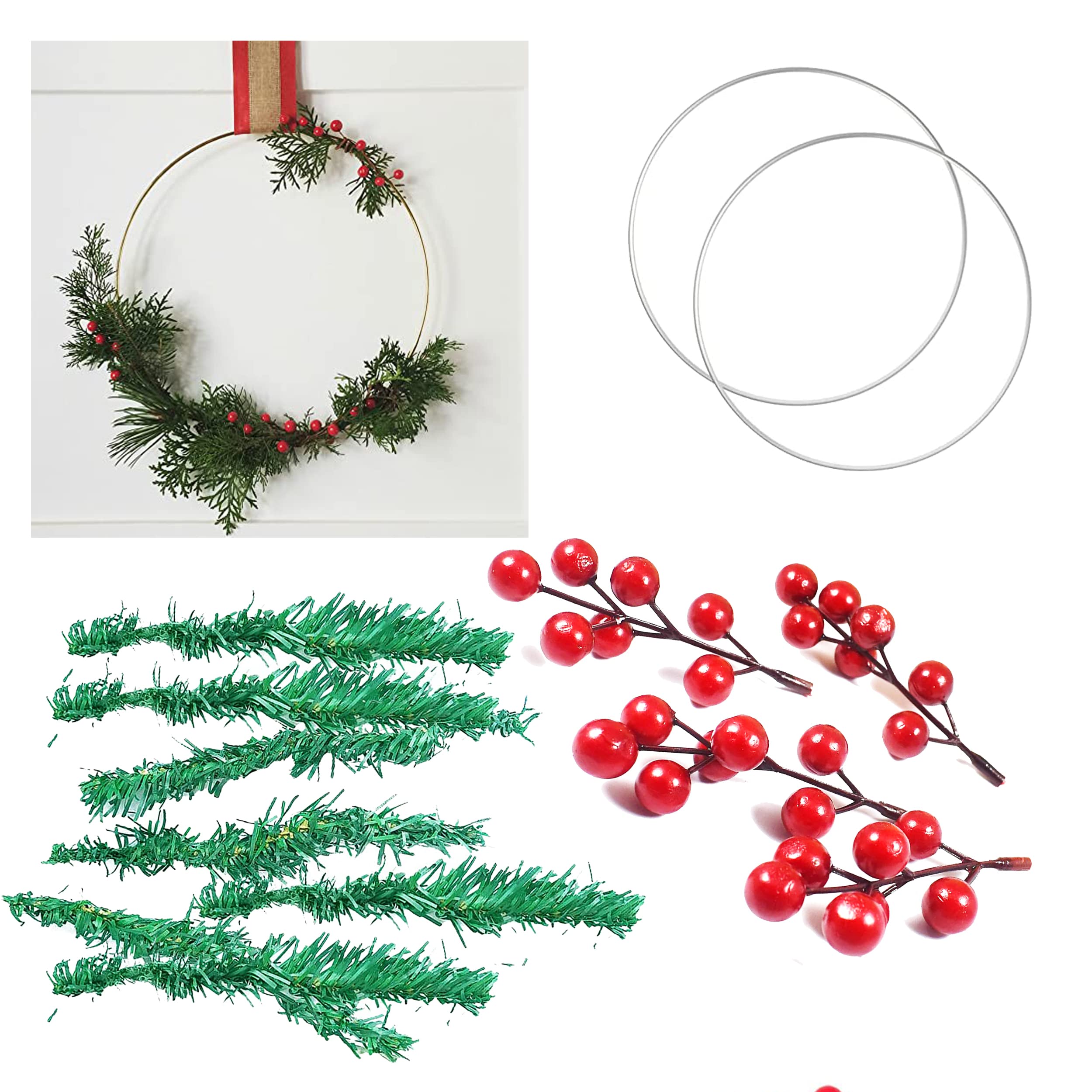 Forty Wings 5 Pcs Christmas Holi Berries Fruit Bunch and 8 Tree Brunch,1 Pcs Iron Ring 10 inch for Christmas Xmas Tree Decoration Wreath Making DIY Christmas Carft and Christmas Decoration Item