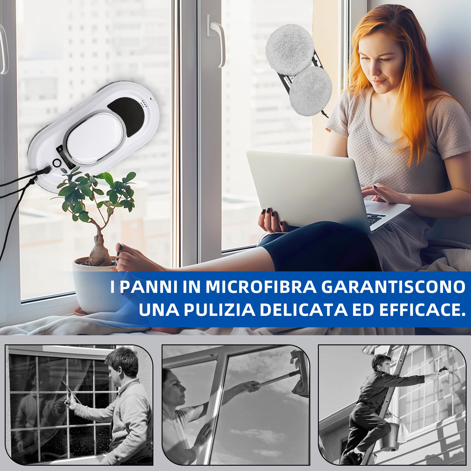 Robot per pulizia finestre con aspirazione 5600 Pa, 3 modalità di pulizia, navigazione intelligente, telecomando, sistema di sicurezza e 10 tamponi di pulizia, adatto per superfici lisce.