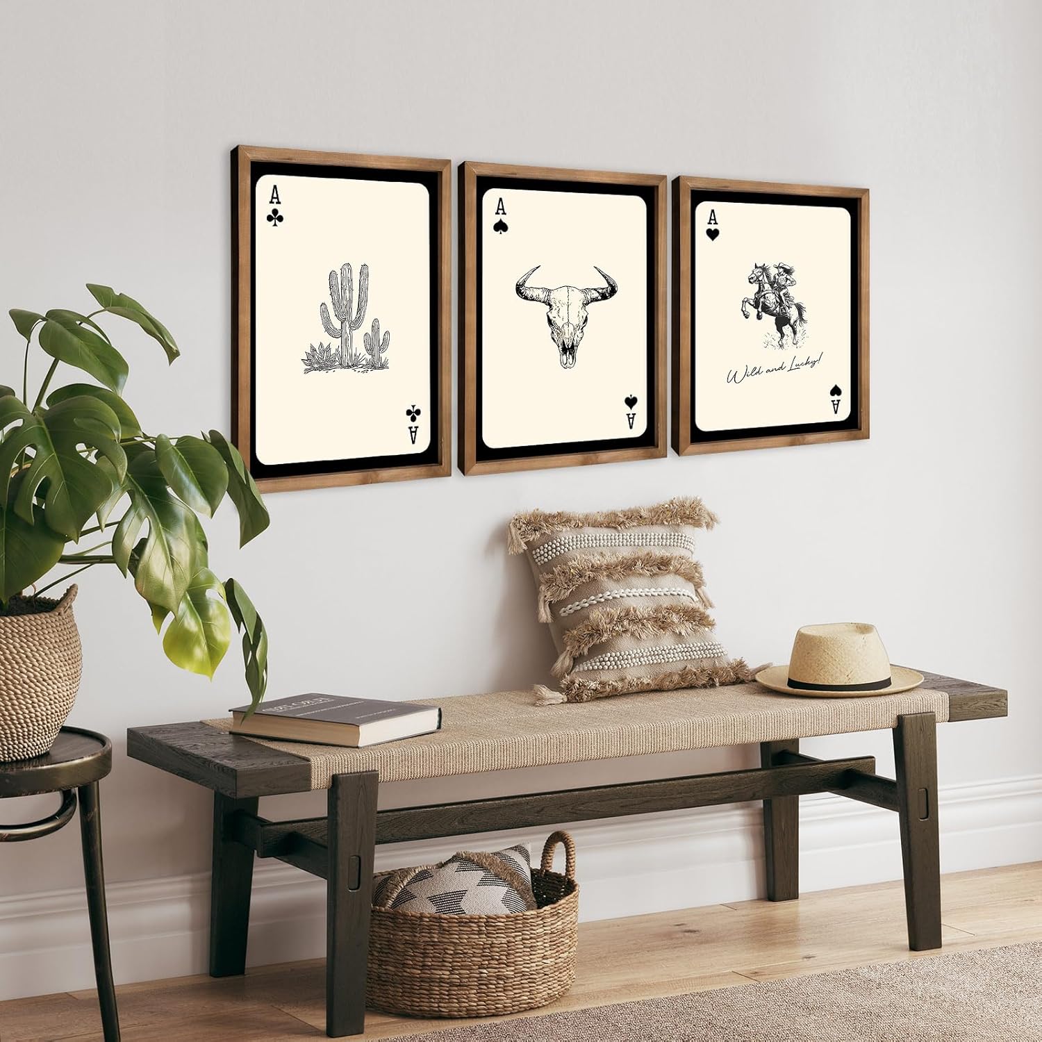 flangairy 3 Piece Western Wall Art Framed, 15.7"x11.8" Wooden Cowgirl Longhorn Bull Skull Cactus Wall Decor, Playing Card Themed Southwestern Rustic Farmhouse Decorations for Home Bedroom Living Room