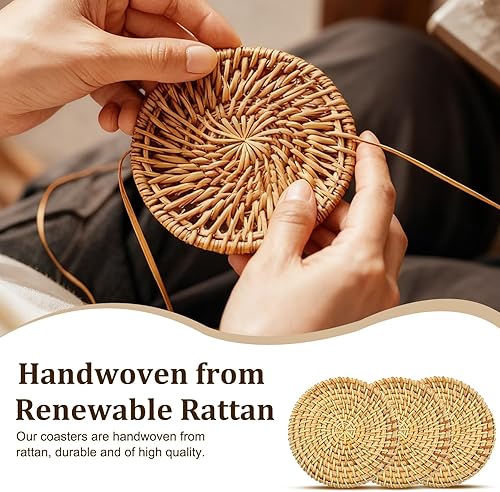 Miniatura 4 de 6 posavasos de ratán hechos a mano con soporte, posavasos tejidos para bebidas, posavasos redondos de ratán, decoración de mesa auxiliar de madera