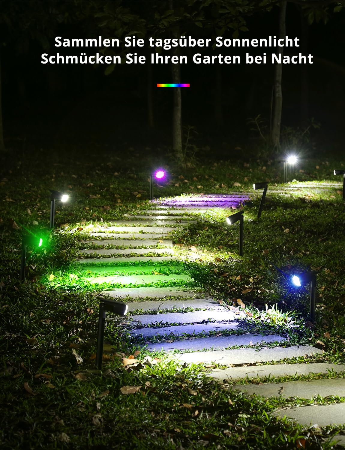Solarleuchten Garten Solarstrahler Solarlampe Bunt/RGB, 8 Farben und 1 Regenbogenfarbe, LED Solar Gartenleuchte IP67 Wasserdicht für Außen Hof Terrasse Halloween Weihnachten Festivals 6 Stück
