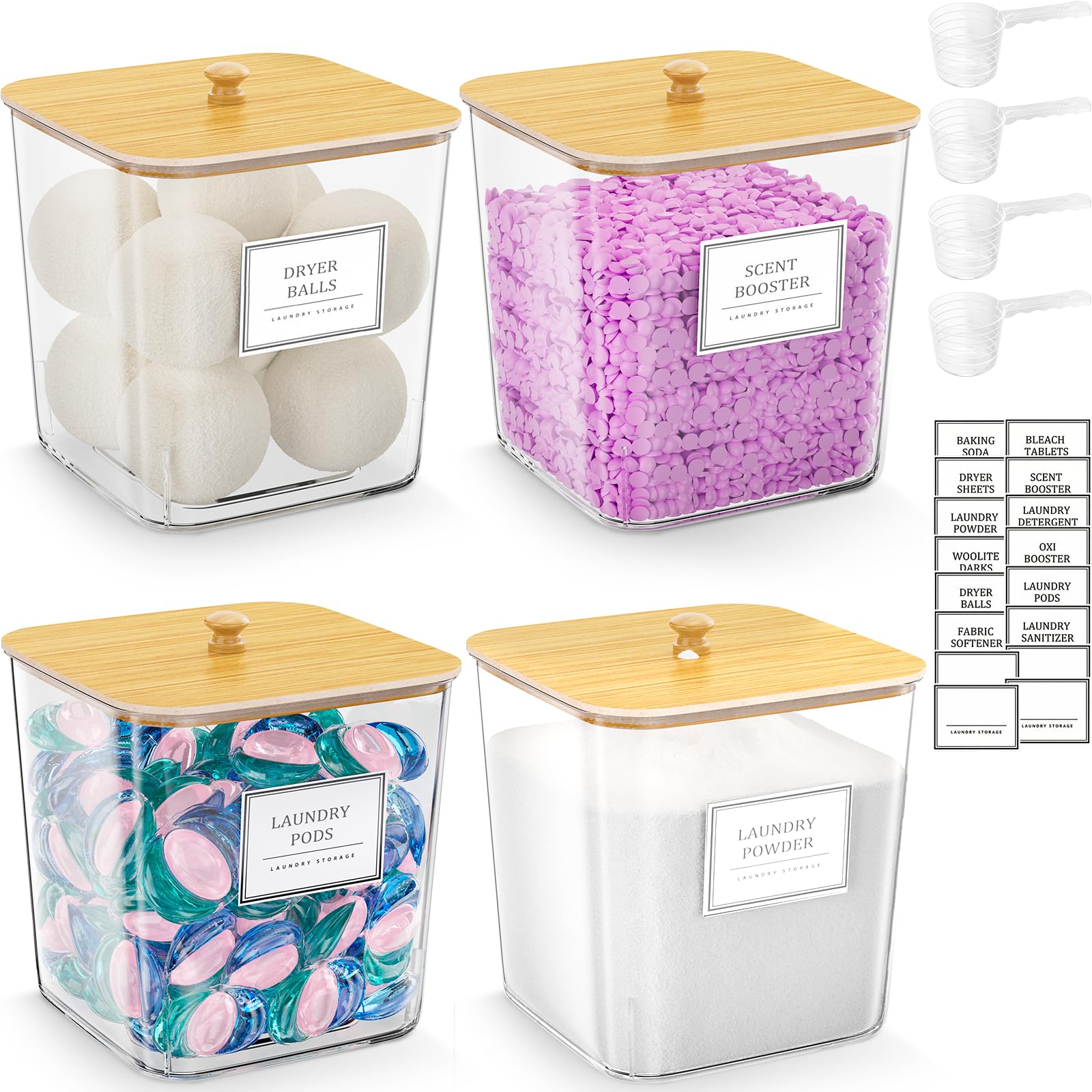 4 Pack Clear Laundry Pod Container, Laundry Room Organization Containers with Wooden Lids & Labels - Large Detergent Powder Storage for Room Organization, Scent Booster Holder