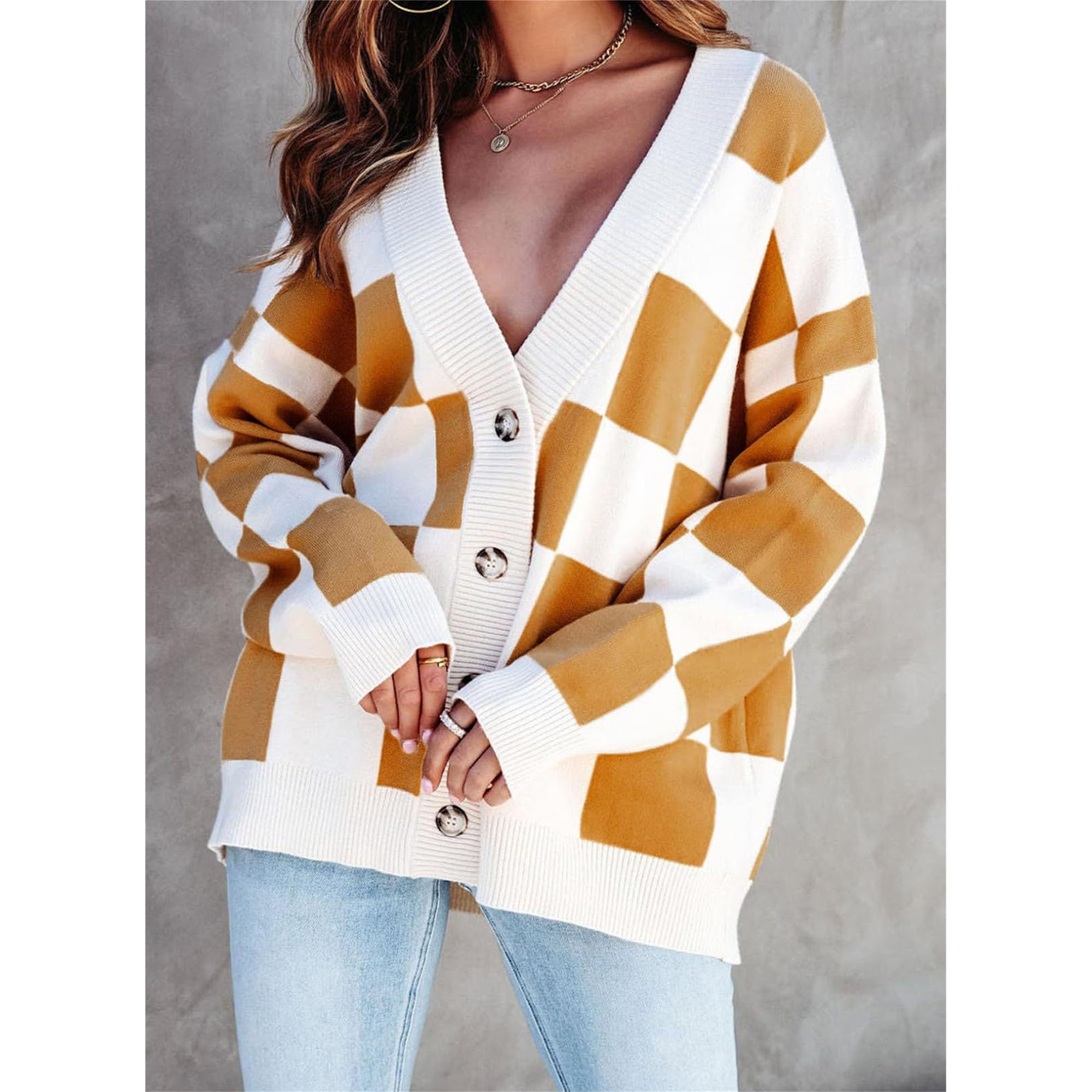 Womens Plaid V Neck Button Down Cardigan Long Sleeve Cable Knit Sweaters Tops Loose Fall Trendy Coats Outwear (X-Large,Yellow)