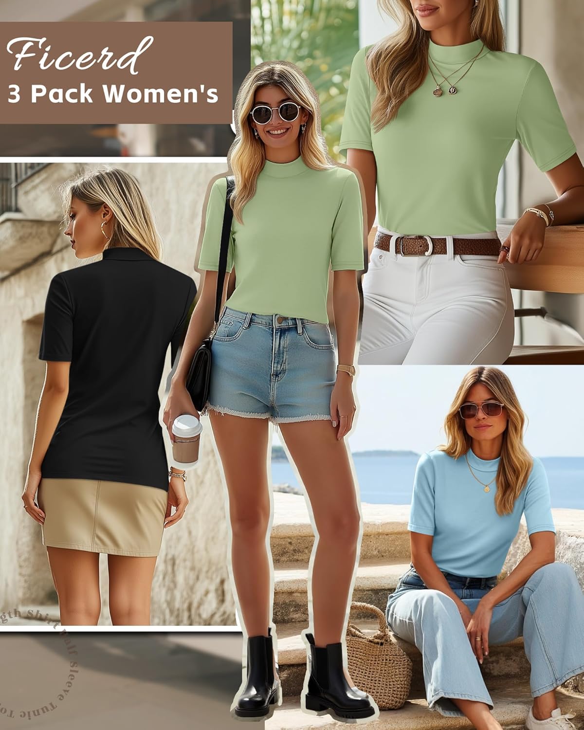 Ficerd 3 Pack Women's Mock Turtleneck T-Shirts 1/2 Half Sleeve Dressy Casual Tunic Tops Slim Fit Summer Basic Tee Shirts 2026 - Image 4