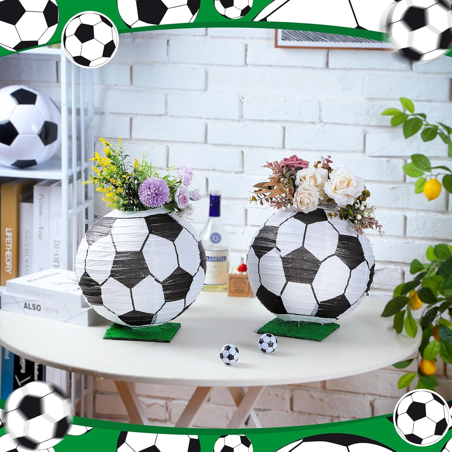 8 Pcs 12 Inches Soccer Table Centerpiece Paper Lantern with 8 Pcs Fake Grass Squares Soccer Centerpiece Decoration Set Sports Ball Paper Lantern Faux Grass Turf Patch