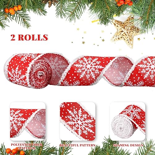 Miniatura 3 de 2 rollos de cinta de copo de nieve con borde con alambre para árbol de Navidad, cinta decorativa de lazos de temporada, cinta de Navidad para